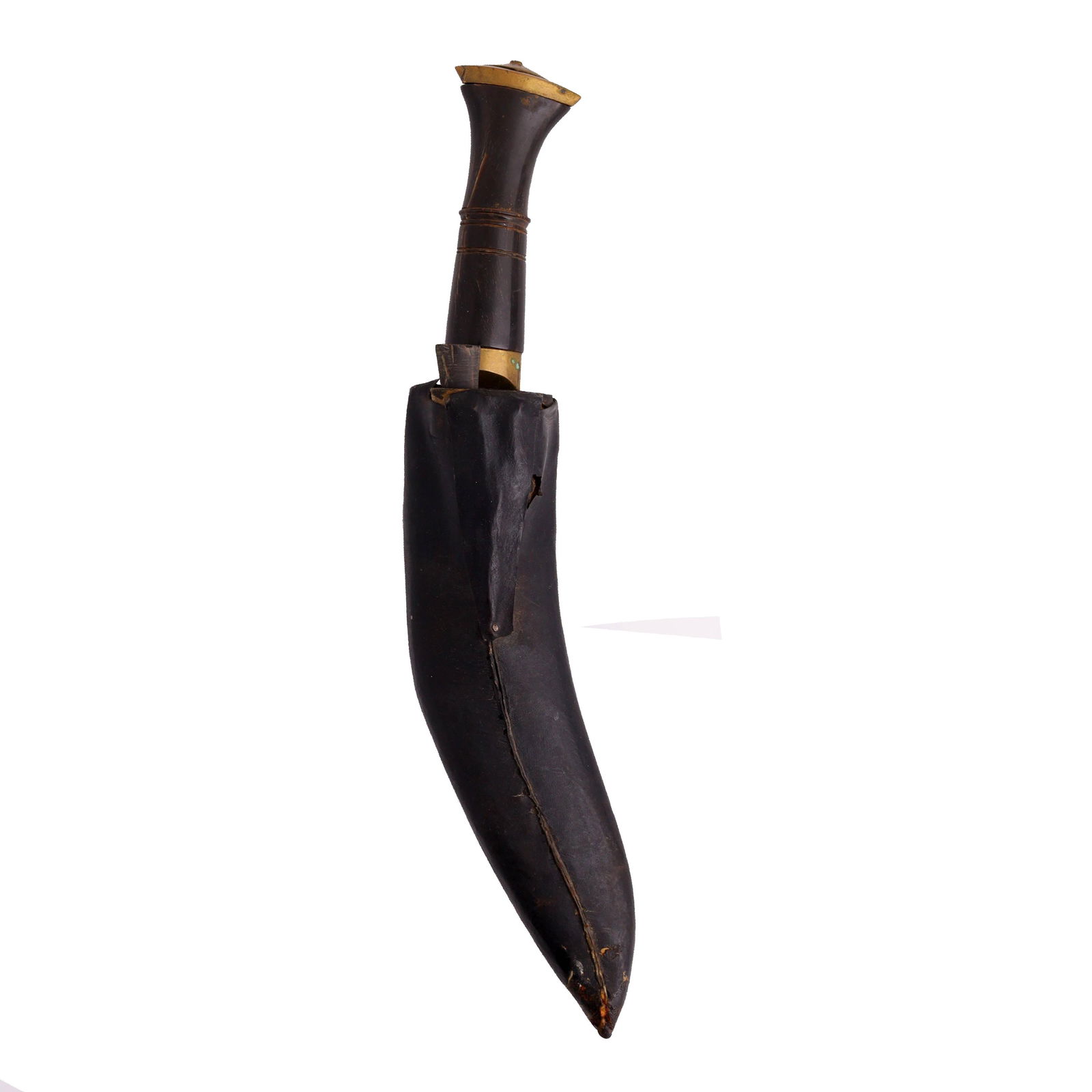 A Nepalese Khukuri Dagger: Nepalese Khukuri dagger with bone handle and brass mounts. Length 16 1/2 inches. One small knife missing.