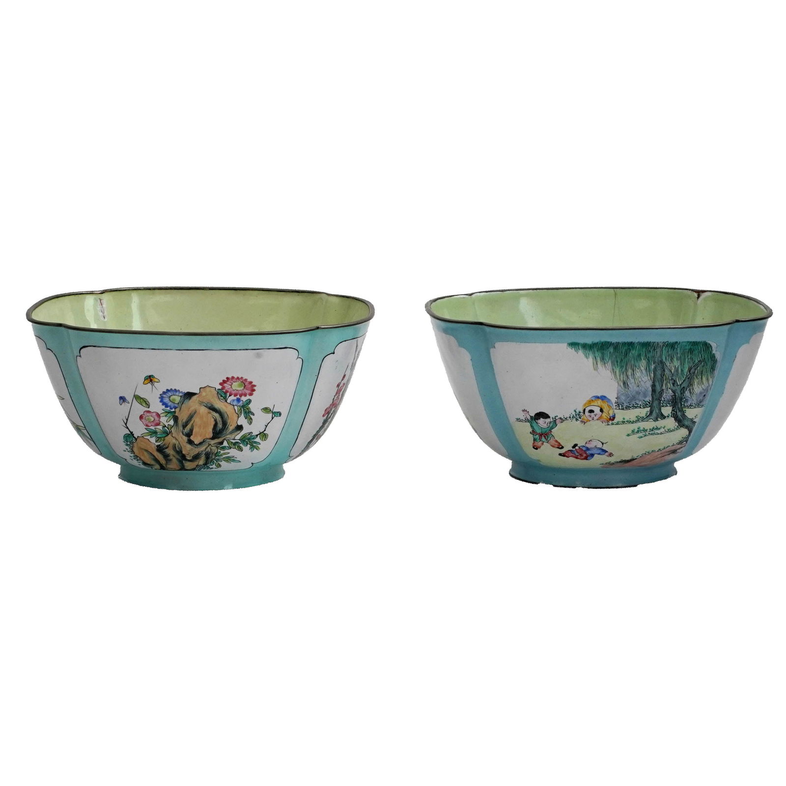 Lot of Complementary Chinese Enamel on Copper Cloisonne Bowls: Lot of complementary Chinese enamel on copper cloisonne bowls. The bowls have a quatrefoil faceted form and contrasting decoration: one painted with traditional figures and everyday objects, the other