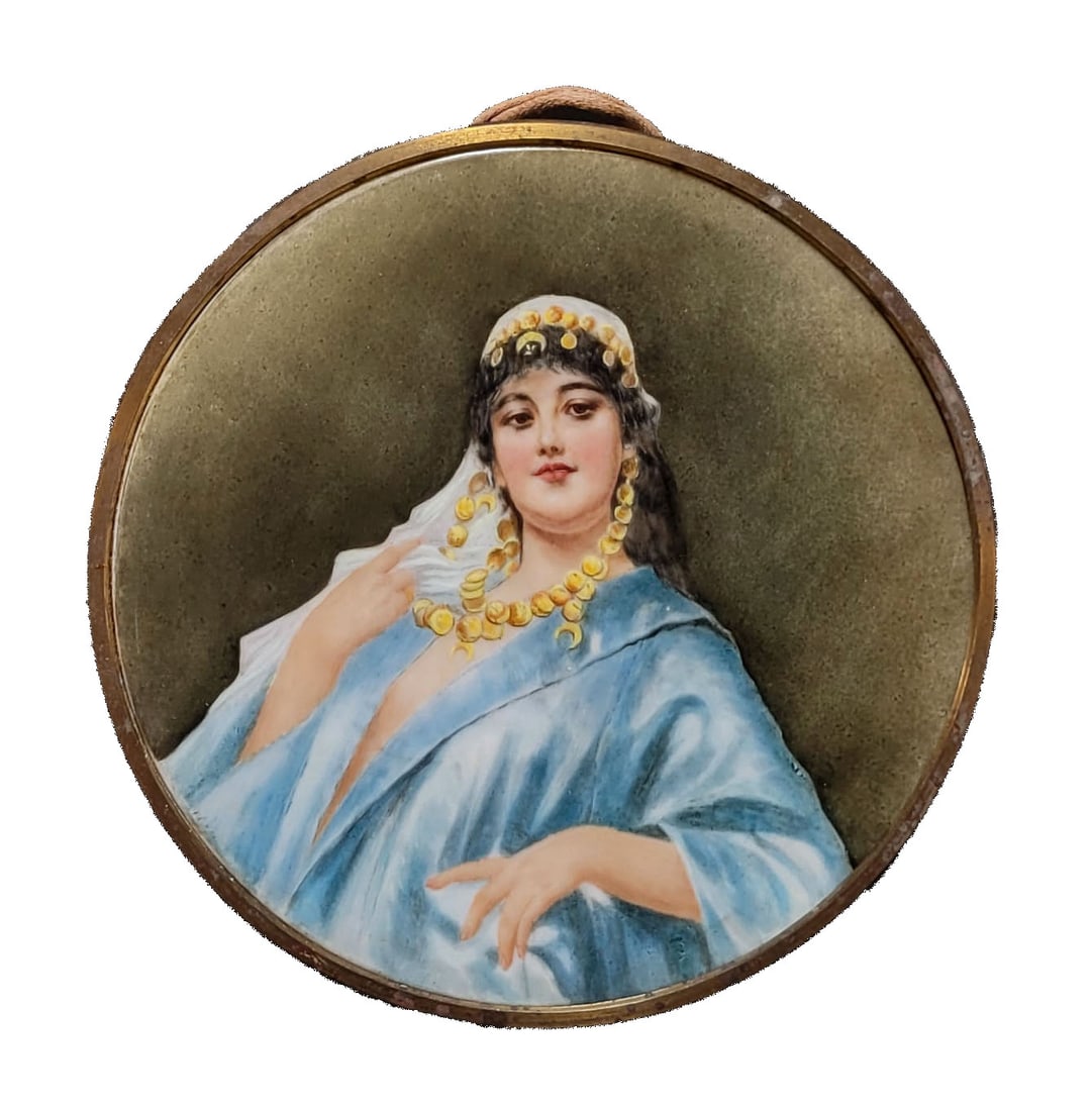 German Orientalist Oil on Porcelain Miniature of an Islamic Woman (1 of 2)