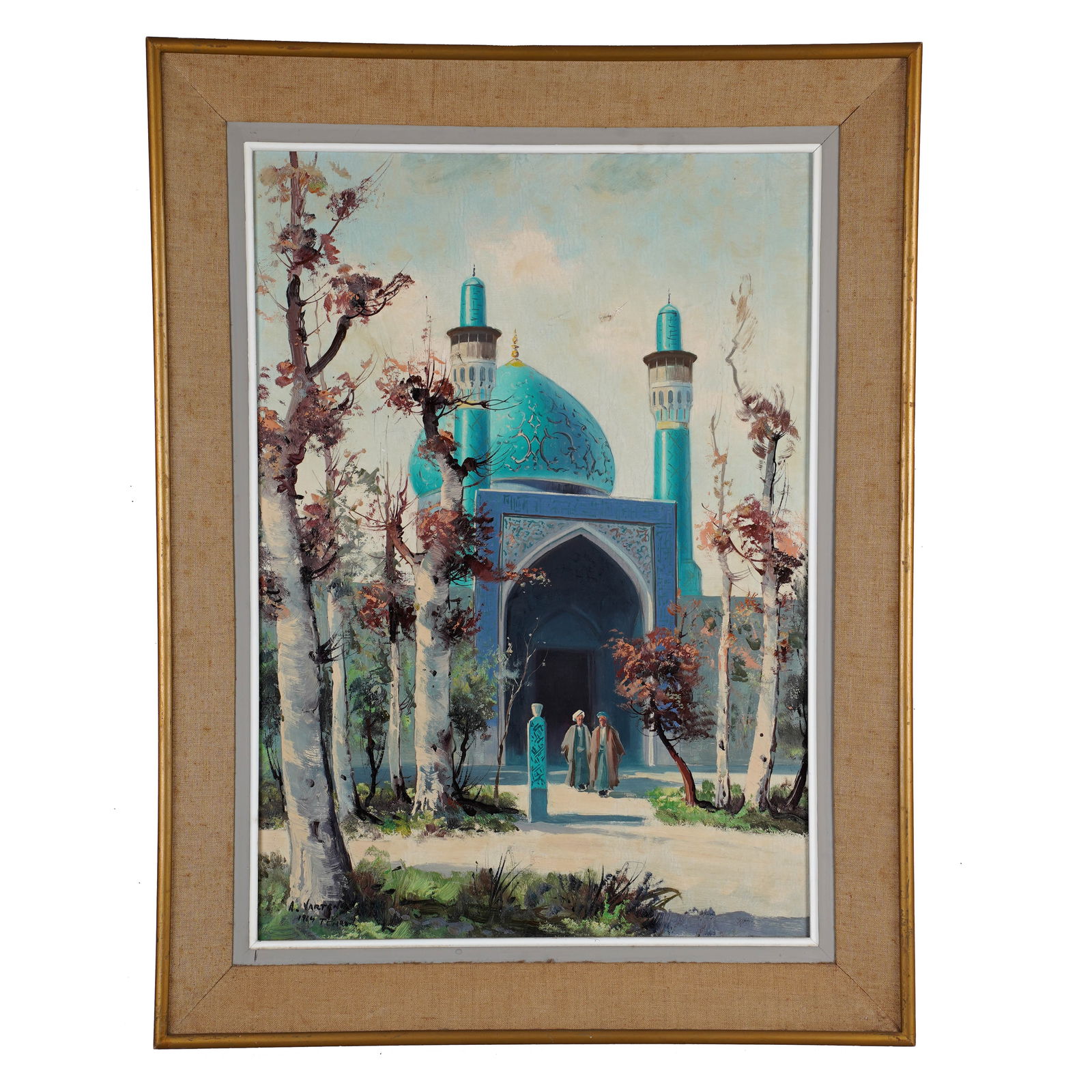 A Vartanyan, Persian Oil on Canvas Painting, View of a Mosque (1964): A Vartanyan, Persian oil on canvas painting of an mosque. In bright, vernal blue and rose hues, a Persian mosque is depicted. Artist signature, date, and location in the lower left corner. Dimensions: