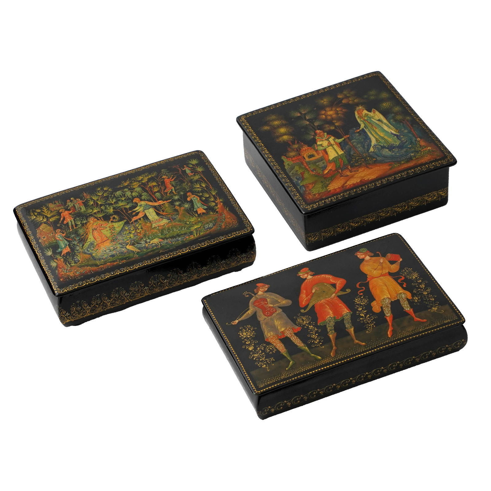 Lot of Three Signed Russian Palekh Jewelry Boxes (1 of 10)