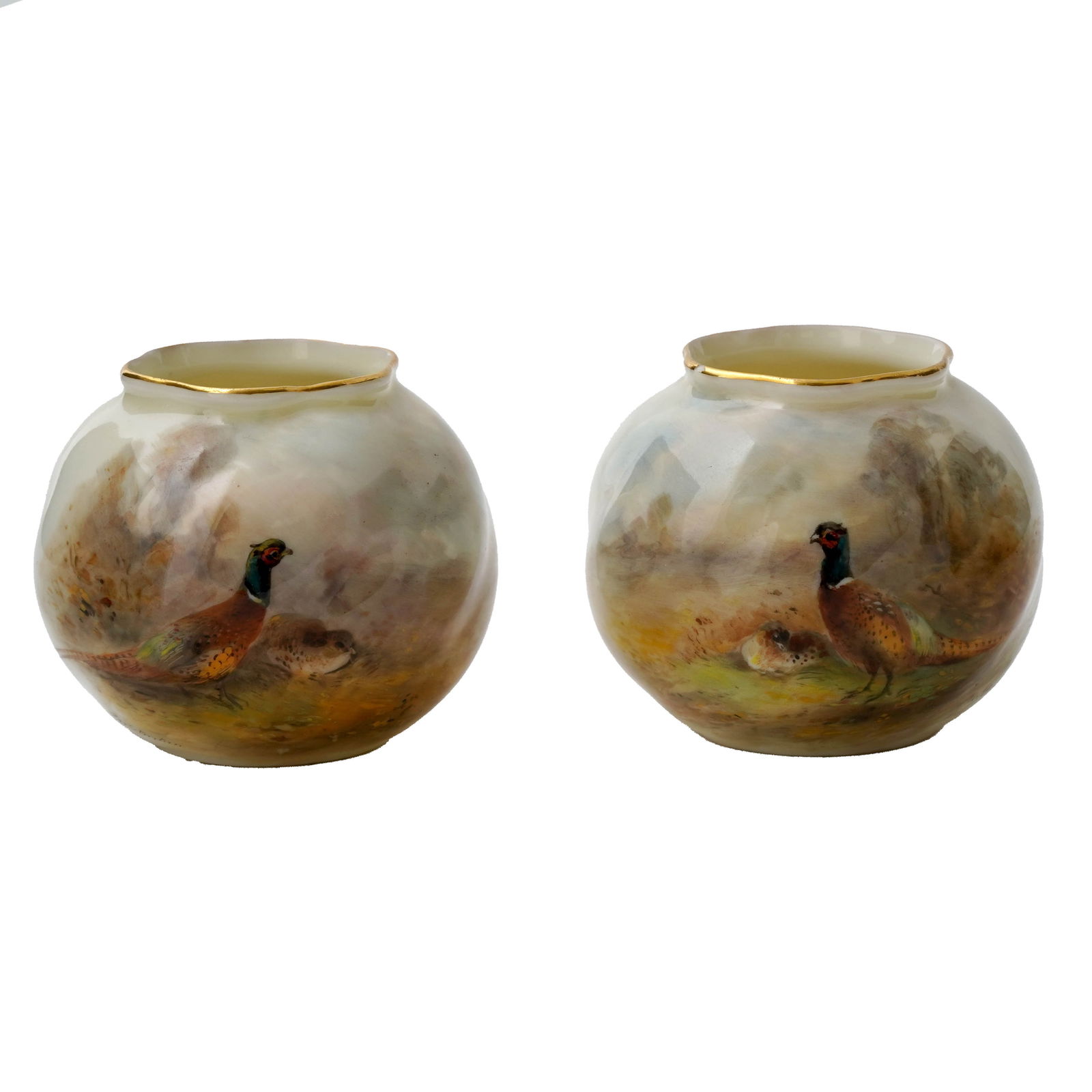 Pair of British Royal Worcester Porcelain Globular Vases: Pair of British Royal Worcester porcelain globular vases. The vases have a faceted globular form with pheasants painted on their faces. Signed George Stinton. Stamped with Royal Worcester mark with fa