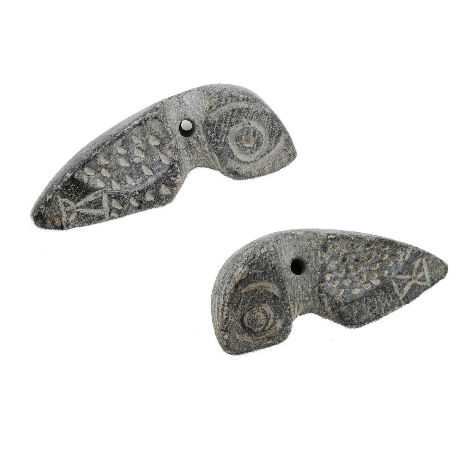 Ancient Athenian Soapstone Owl Earrings: Ancient Athenian soapstone owl earrings. The earrings are carved from soapstone into an angular owl shape. The owl in ancient Greek cultures was the companion and symbol of the Goddess Athena. Circa 3
