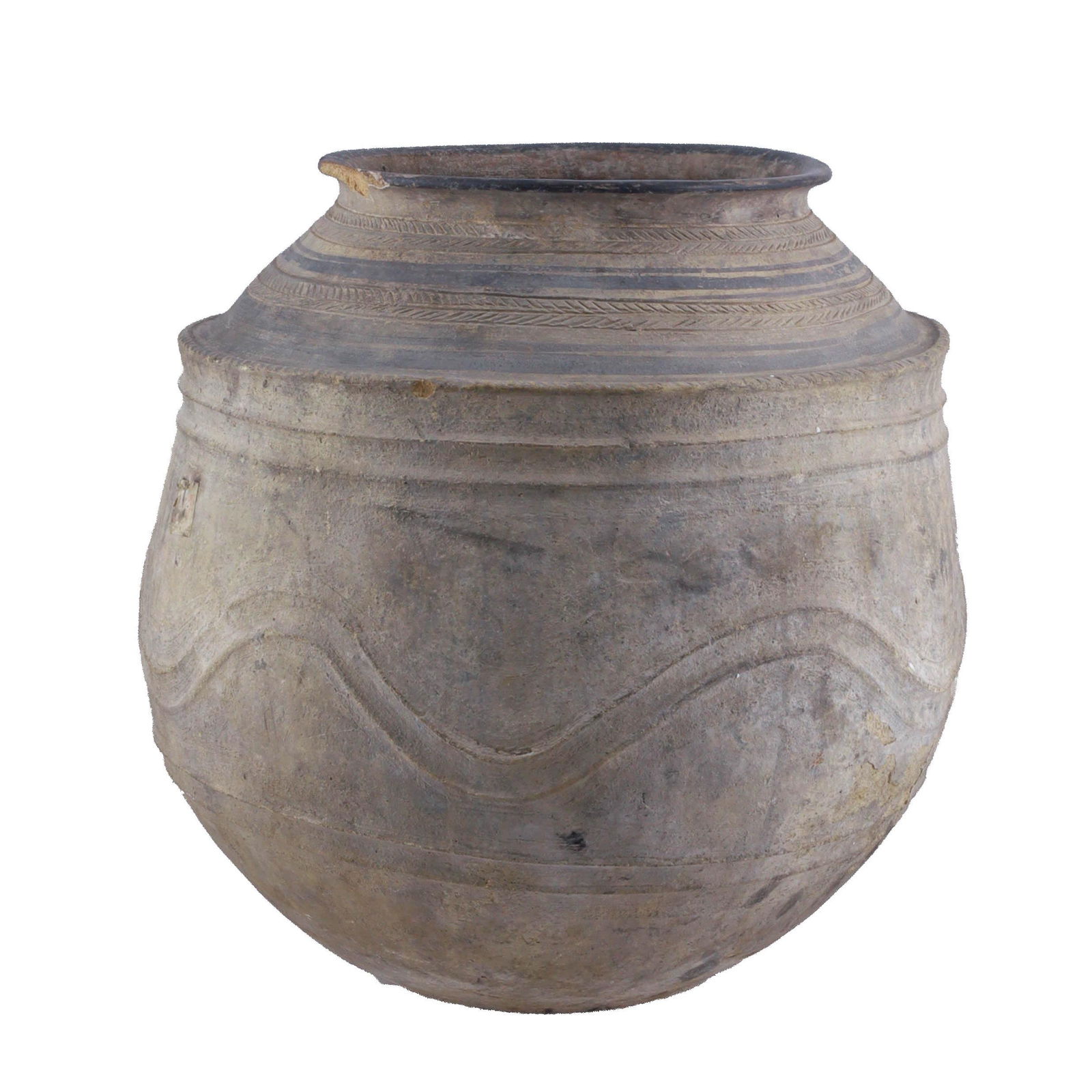 A Fine and Large Persian Pottery Jar: A fine Persian pottery jar with wave pattern around body and cross cut pattern around the neck. Ribbed shoulders. Rare example, ca. 1500 - 1000 BCE. 19 1/2 x 18 x 18 inches.