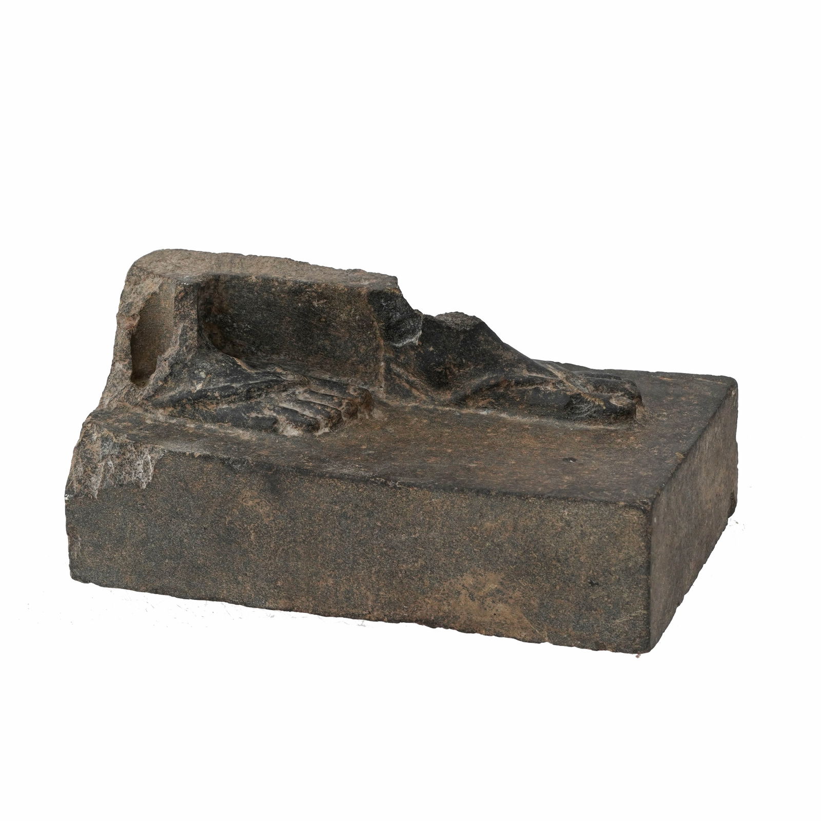 Roman granite/basalt/stone? Statue Base and Feet: Roman granite/basalt/stone? statue base and feet. Fragment of a larger Roman sculpture. The feet have sandal strap details and the holes at the ankles suggest that the missing legs were once attached