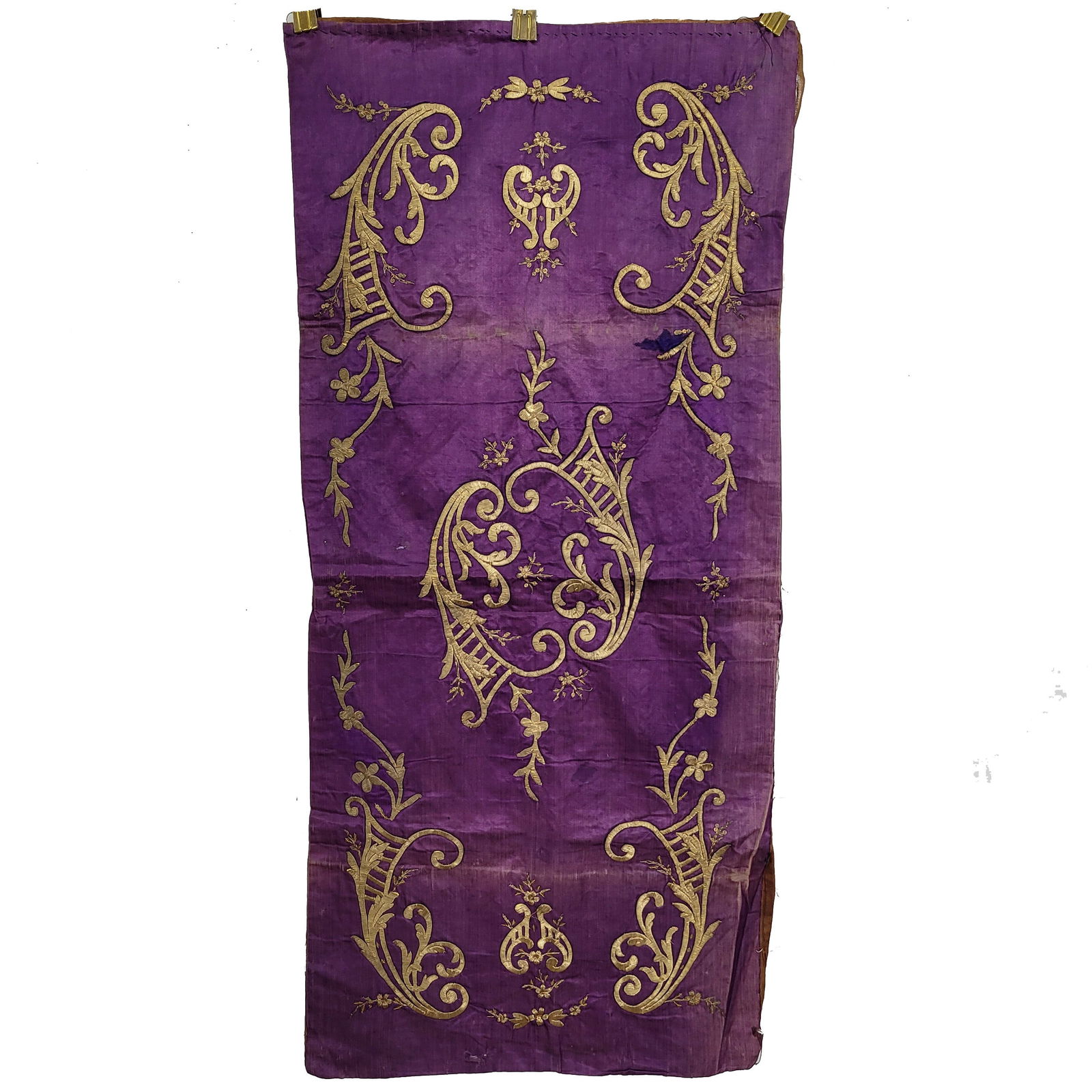 Ottoman Turkish Silk Embroidered Panel: Ottoman Turkish silk embroidered panel. Symmetrical trumpet and harp-like designs are sown in gold metallic thread on an aubergine ground. Occasional sequins added for embellishment. The back lining h