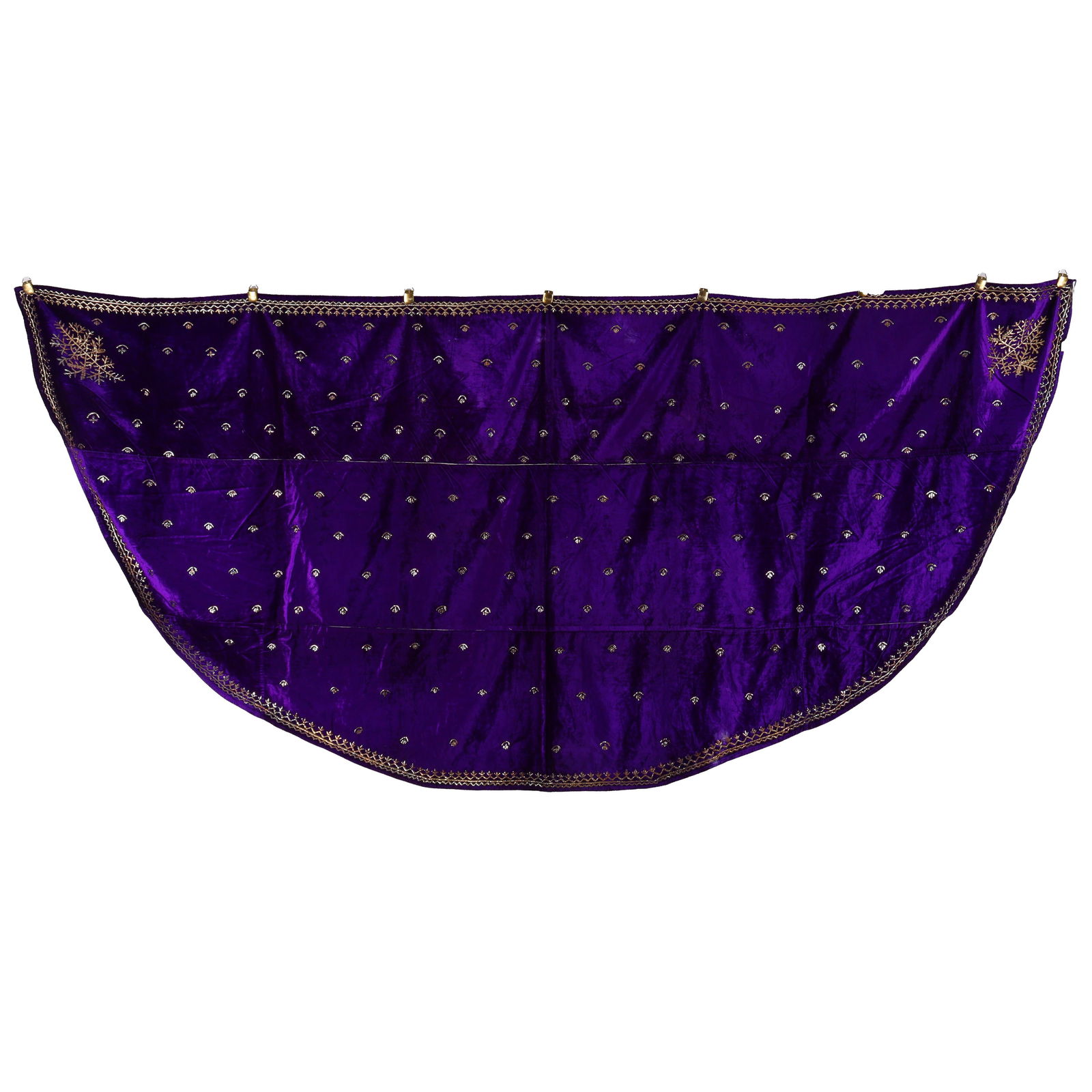 Indian Silk Velvet Chador with Silver Metallic Embroidery: Indian silk velvet chador with silver metallic embroidery. The chador is royal aubergine and in a traditional half-moon shape. Dimensions: 104 x 47 inches.