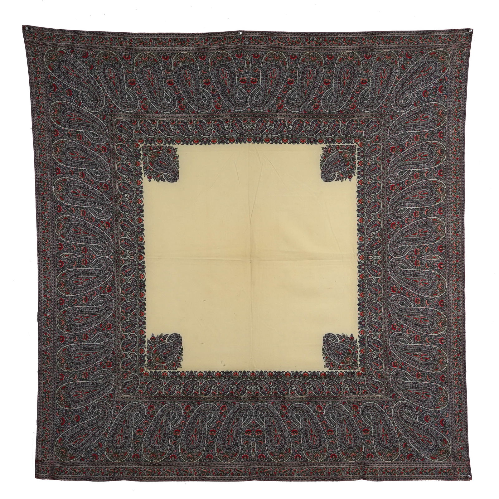 Square Kashmiri Shawl: Square Kashmiri shawl. On a large off-white reserve, a wide border of intricately embroidered boteh and floral motifs are rendered in red, blue and green threads. The botehs are masterfully rendered u