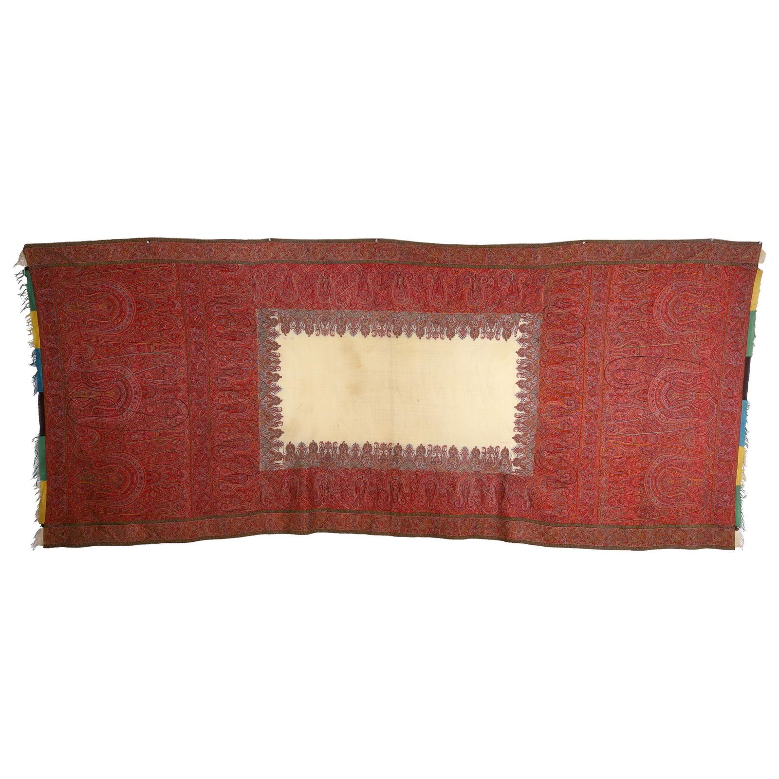 Large Kashmiri Rectangular Shawl: Large Kashmiri rectangular shawl. The shawl has a cream-colored center and is embroidered with dense, kaleidoscopic-like polychrome threads in boteh and vegetal shapes. 19th century. Dimensions: ?