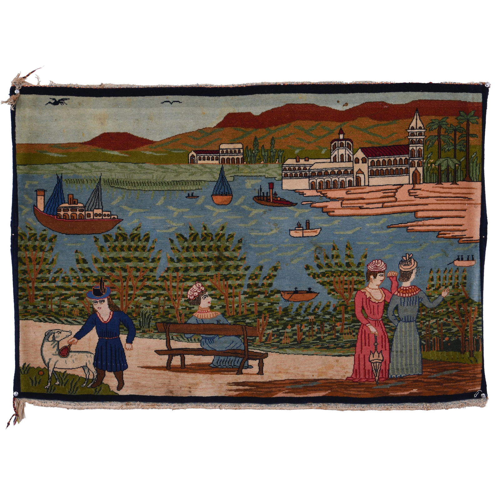 Persian Hand-Made Wool Carpet with European Subjects: Persian hand-made wool carpet with European subjects. The rug depicts a blend of European figures and scenes interpreted through a Persian aesthetic, and the top edge is finished with a long fringe. D