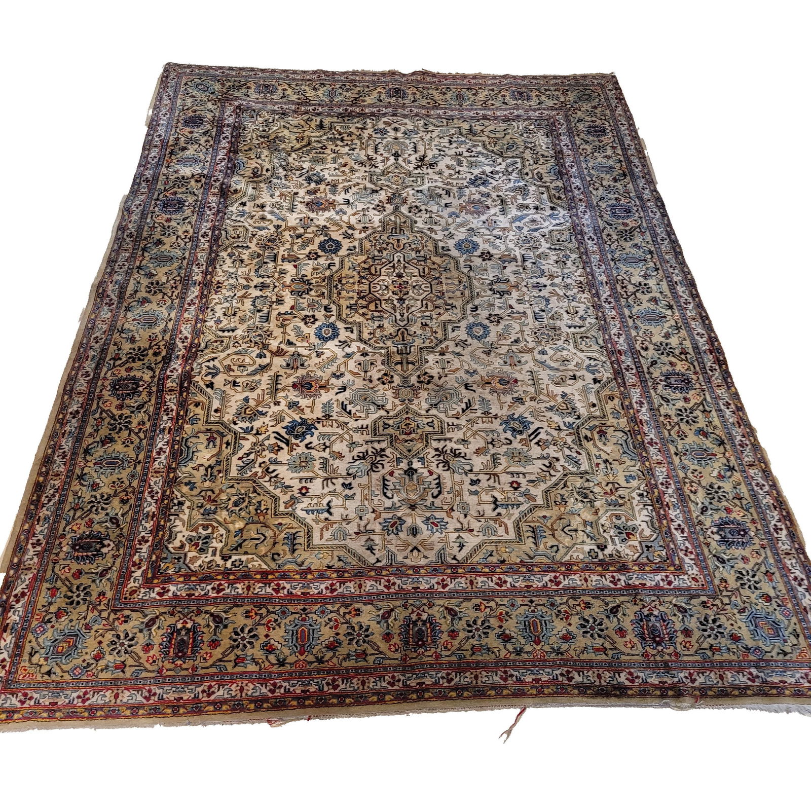 Persian Nain Carpet with Geometric Motifs: Nain, Persian carpet with geometric motifs. hand knotted wool. Dimensions: 7 3/4 x 11 feet. some damage and loss to pile