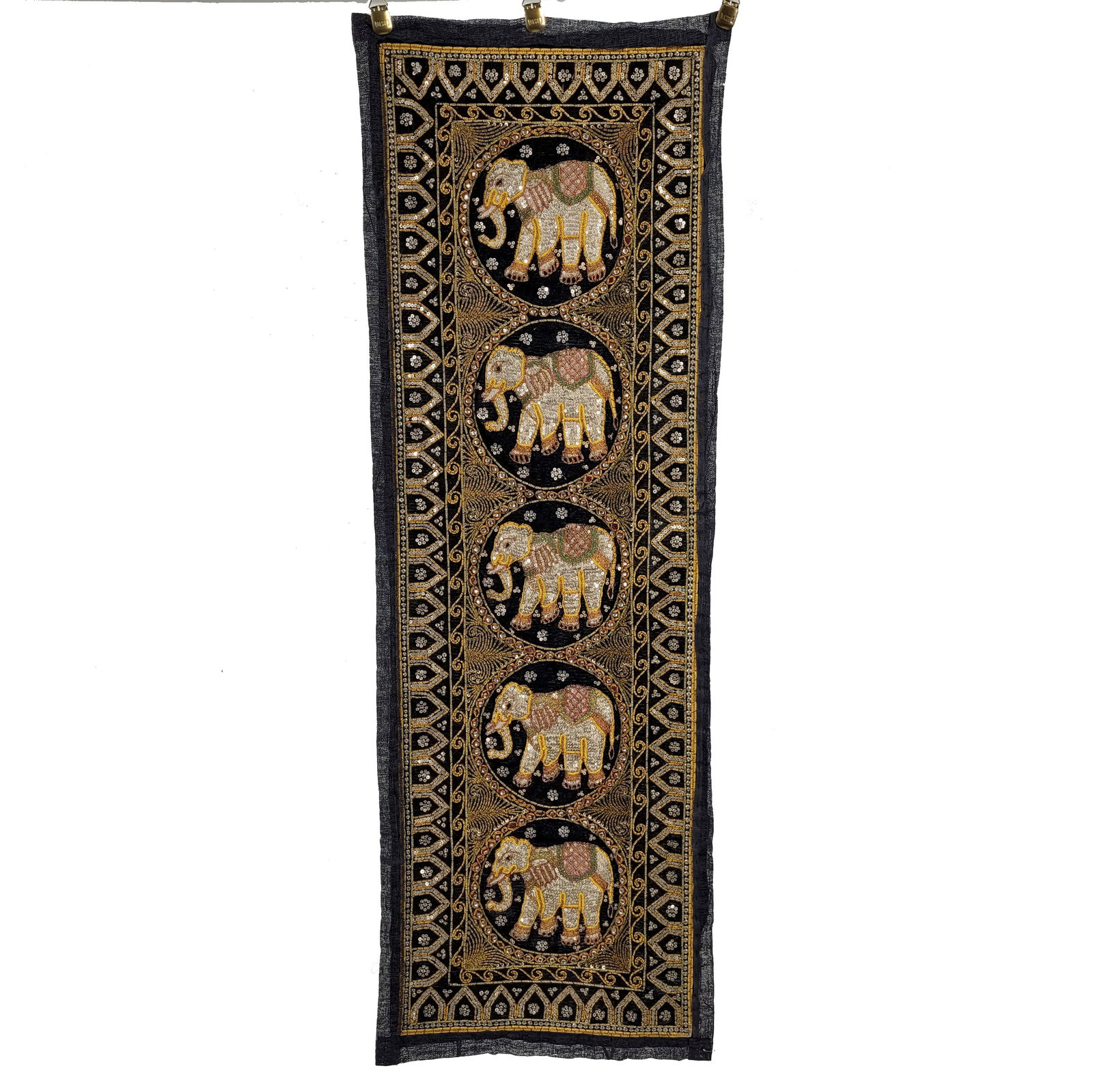 Indian Panel Embroidered with Sequins and Mirror Glass: Indian decorative wall panel embroidered with sequins and pieces of glass mirror. On this tall panel five elephant figures are embroidered with sequins. A band of mihrab-esque motifs borders the panel