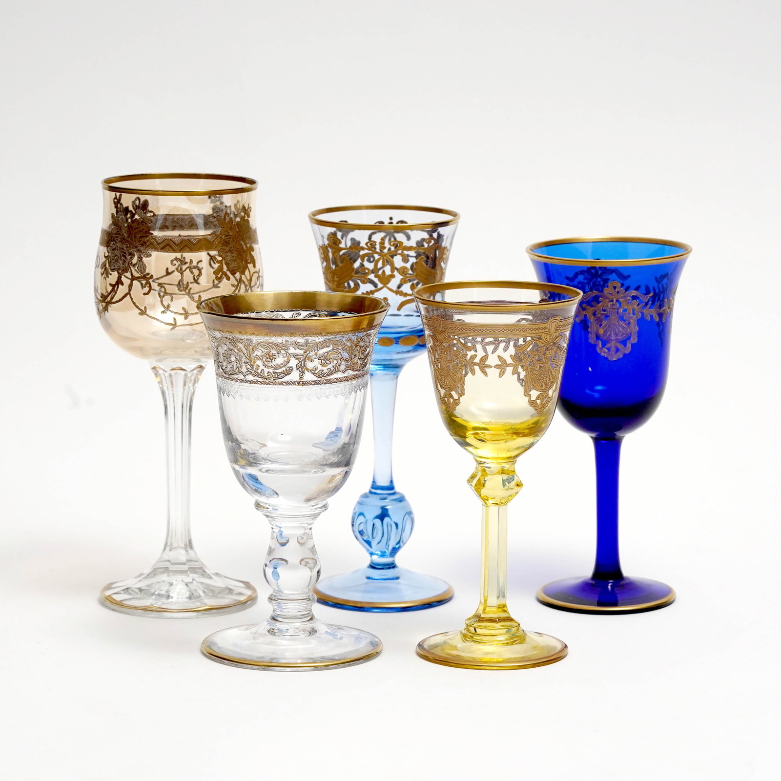 Lot of Five Gilt Decorated Wine Glasses (1 of 2)