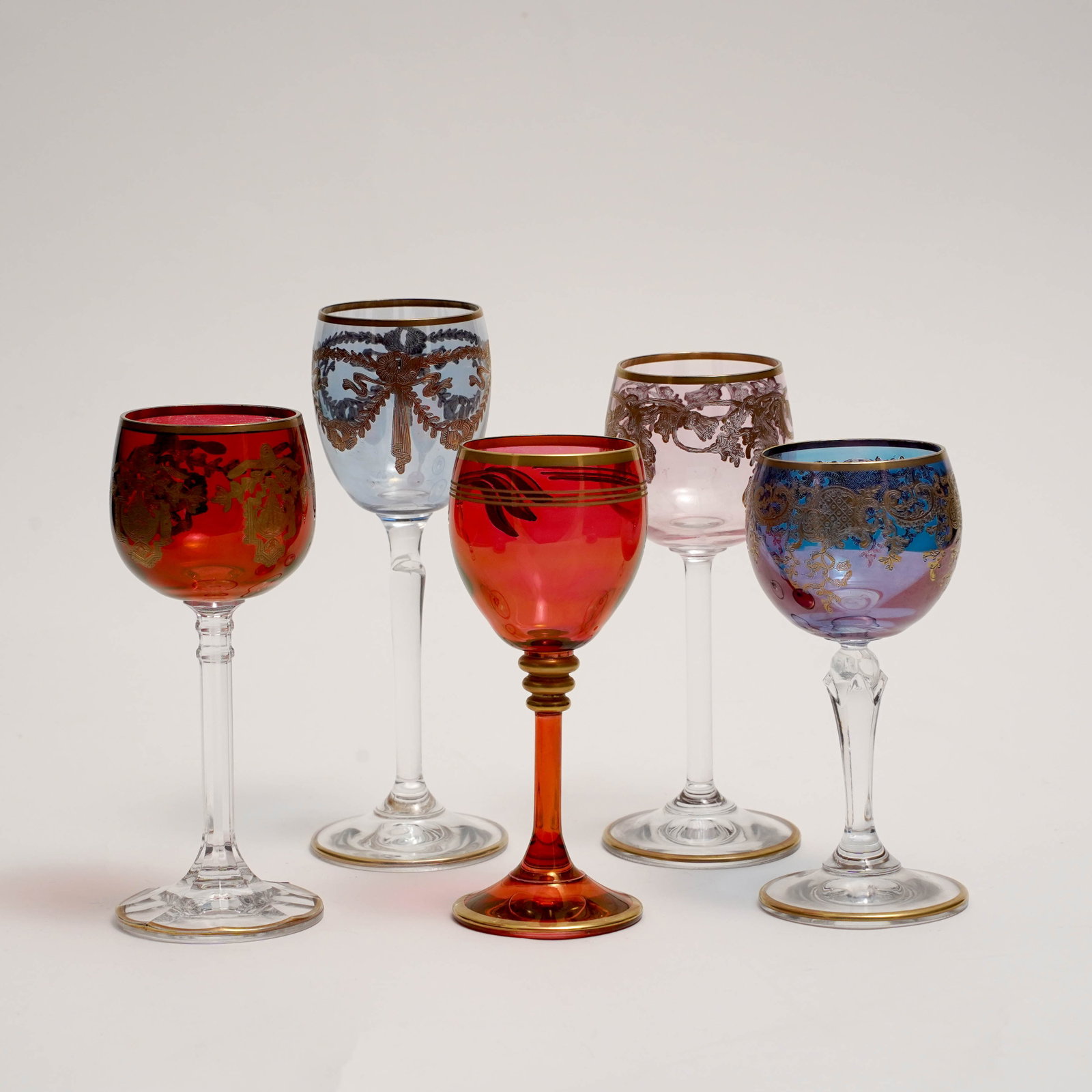 Lot of Five Gilt Decorated Colored Wine Glasses (1 of 2)