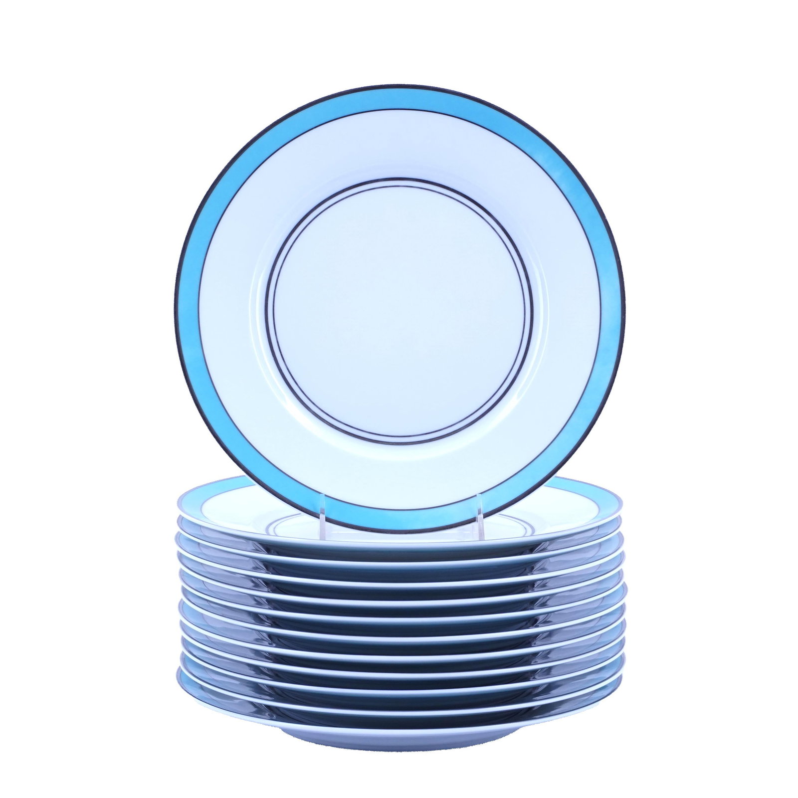 Set of Raynaud Limoges “Cristobal" Dinner Plates: Set of twelve Raynaud Limoges porcelain dinner plates in the “Cristobal” pattern designed by Alberto Pinto, each with white ground, turquoise blue border, and black line accents. Marked unders