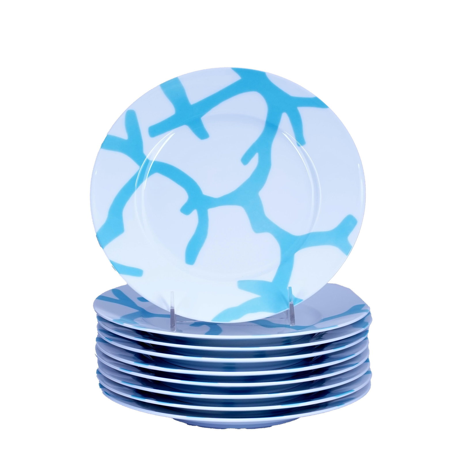 Set of Raynaud Limoges “Cristobal" Dessert/Salad Plates: Set of nine Raynaud Limoges porcelain plates in the “Cristobal” pattern designed by Alberto Pinto, each with white ground decorated with large turquoise coral-form motifs.. France H: 1 in. D: 