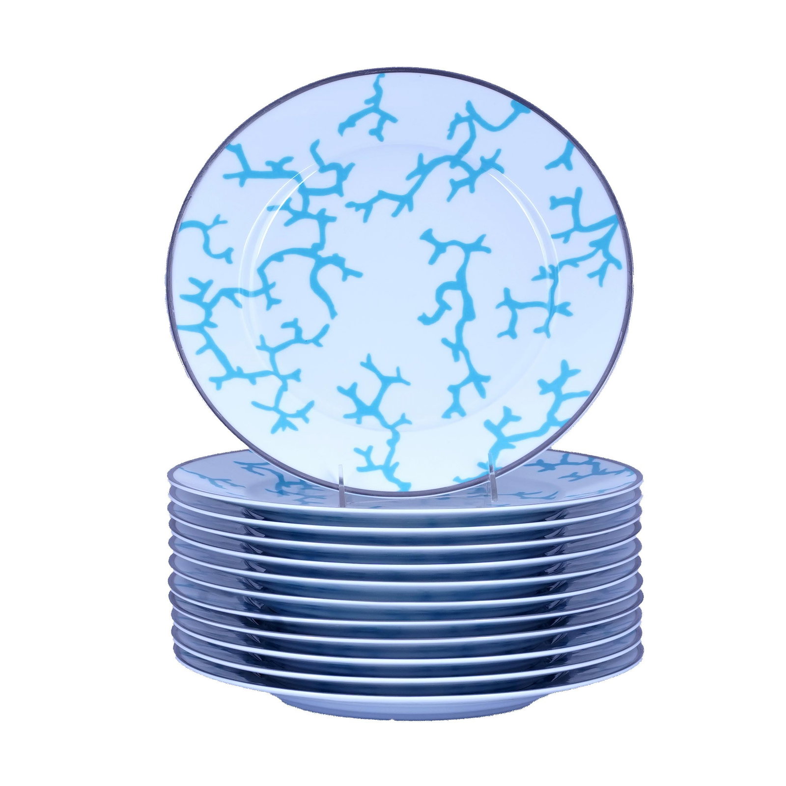 Set of Raynaud Limoges “Cristobal" Dinner Plates: Set of twelve Raynaud Limoges porcelain dinner plates in the “Cristobal” pattern designed by Alberto Pinto, each with white ground decorated with turquoise coral-form motifs and dark rim line.