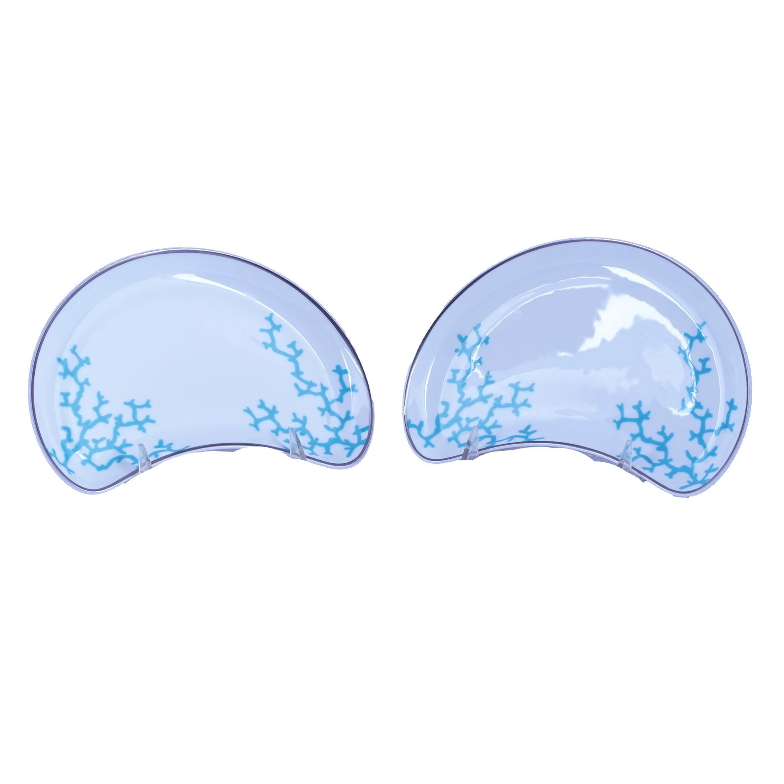 Pair of Raynaud Limoges “Cristobal" Crescent Dishes: Pair of Raynaud Limoges porcelain crescent-form side dishes in the “Cristobal” pattern designed by Alberto Pinto, each with white ground, turquoise coral-form decoration, and black rim line. F