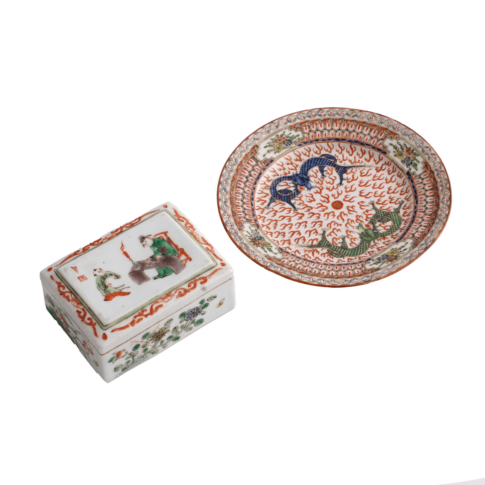 Two Chinese Export Porcelain Articles: A lot comprising a Chinese export porcelain covered rectangular box and an oval dish. The box decorated in famille verte palette with figural scene to the cover and floral decoration to the sides, mar