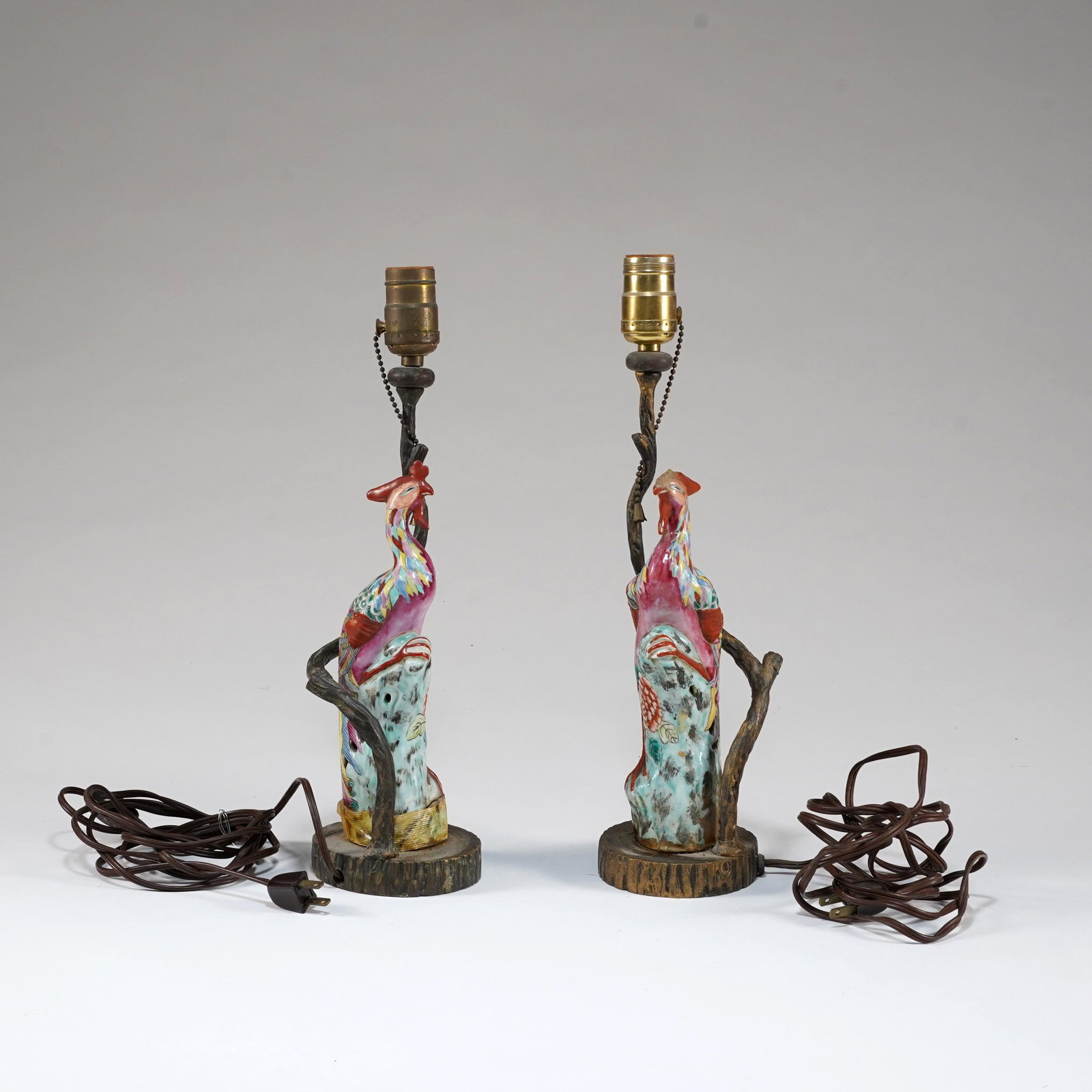 Pair of Chinese Polychrome Ceramic Rooster Table Lamps (1 of 2)