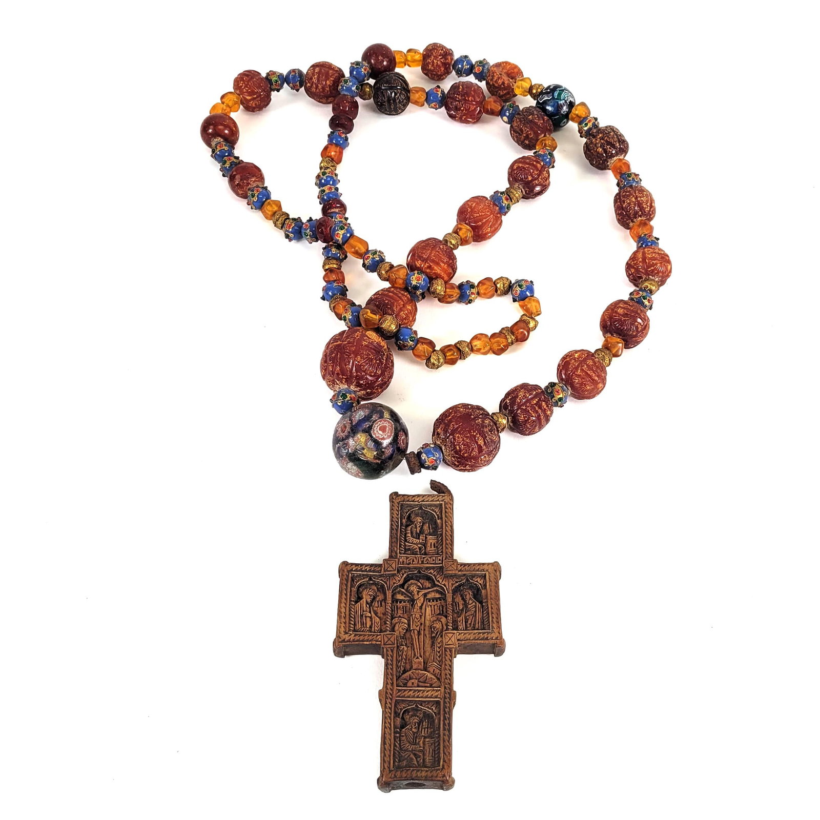 Carved Amber and Venetian Glass Prayer Beads with Wooden Cross (1 of 7)
