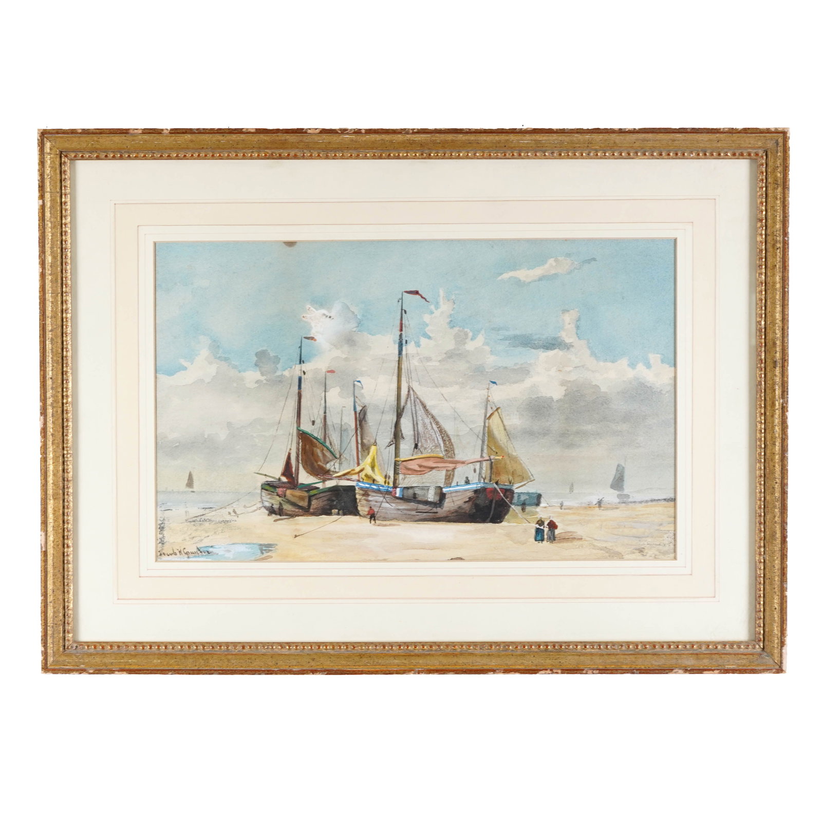 Framed Maritime Watercolor: Watercolor on paper depicting fishing boats drawn up on a beach beneath a cloudy sky, with small figures and distant sailboats along the shoreline. Signed lower left indistinctly, matted and framed un