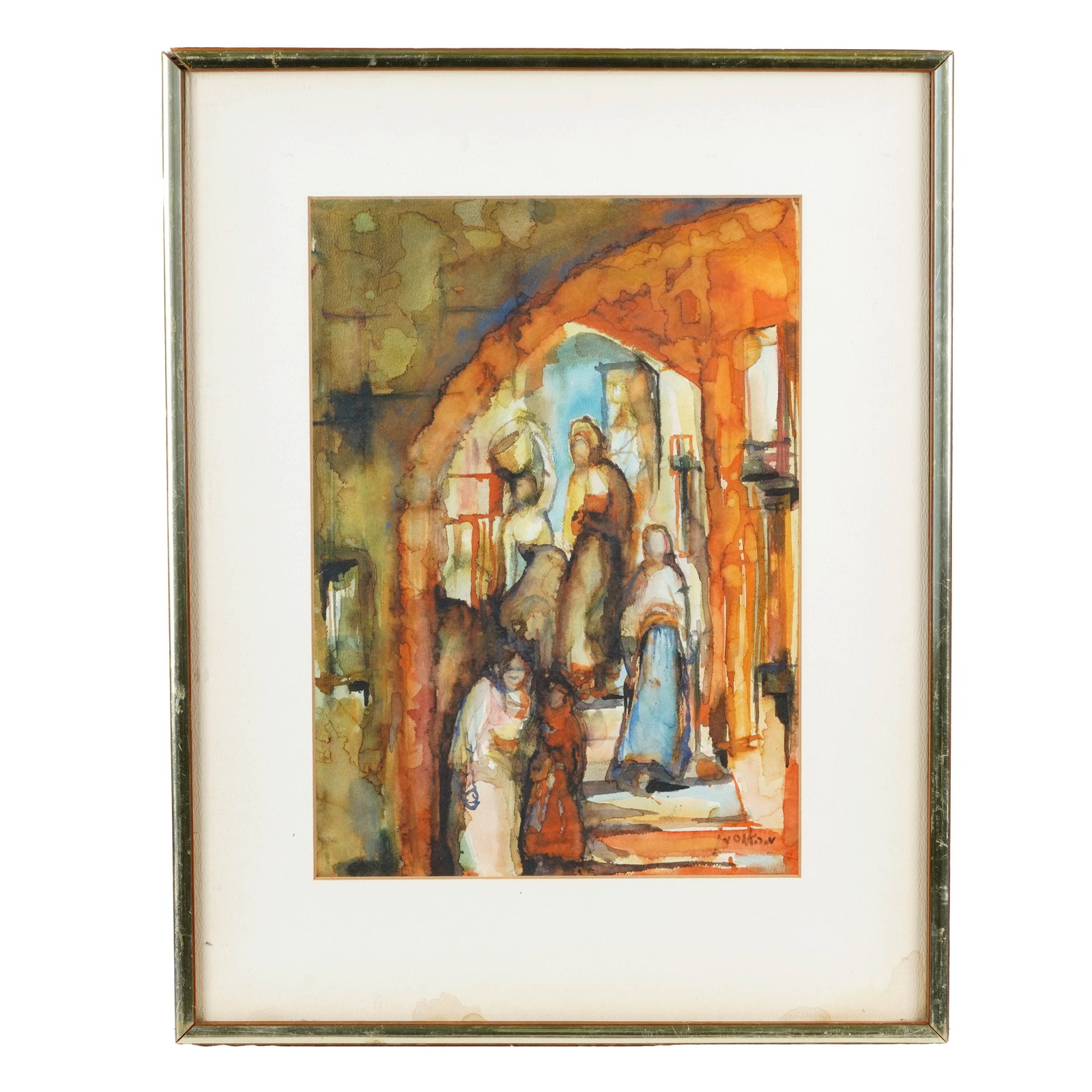 Nicholas Markovitch, Middle Eastern Street Scene: Nicholas Markovitch, watercolor on paper depicting a Middle Eastern street scene with robed figures and children gathered beneath an arched passageway, rendered in loose washes of orange, blue, green,