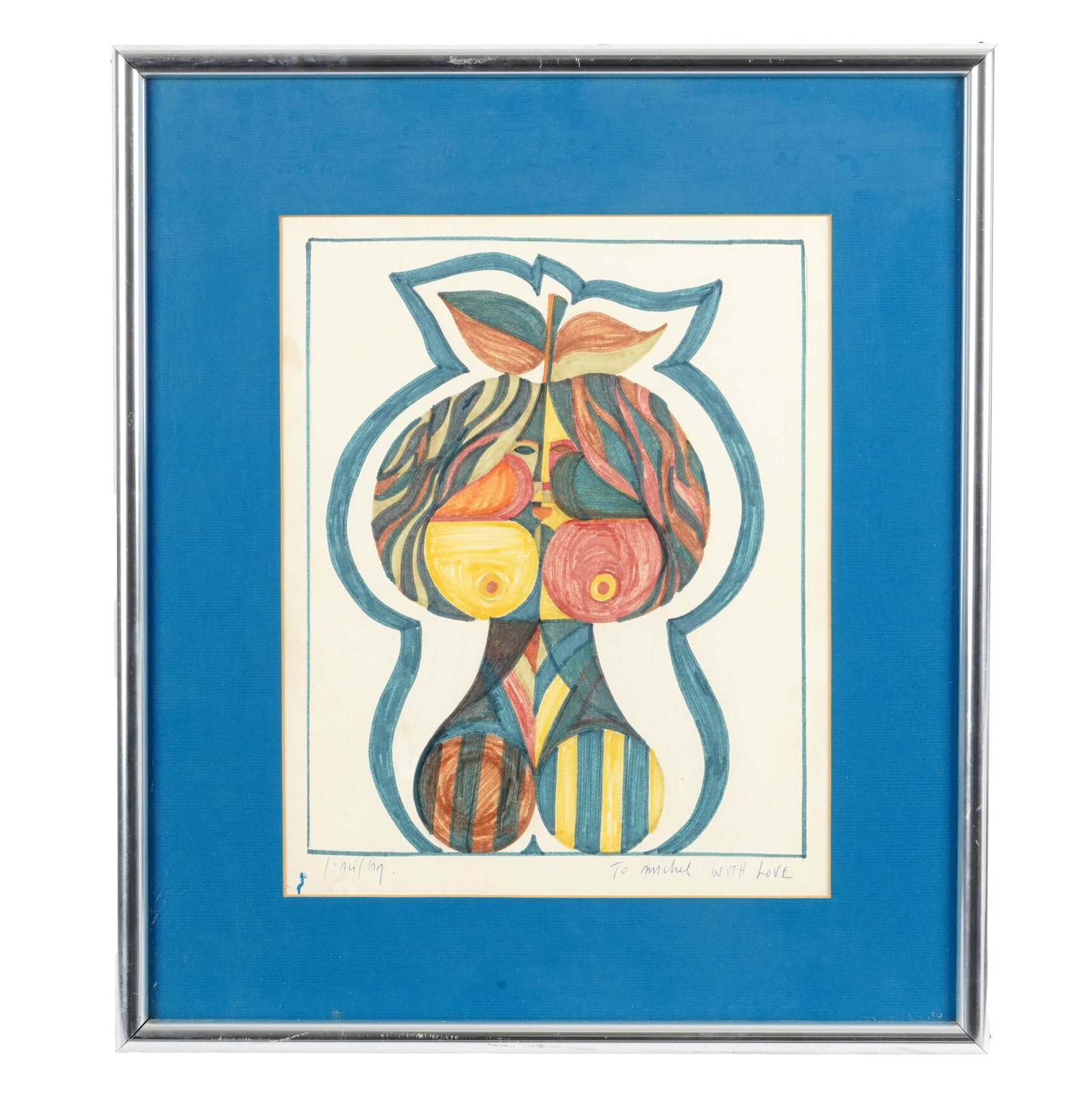 Signed Abstract Figural Watercolor: Watercolor on paper depicting a stylized abstract female figure or torso within a bold blue outline, filled with geometric forms and bright bands of yellow, red, teal, and orange. Pencil inscribed low
