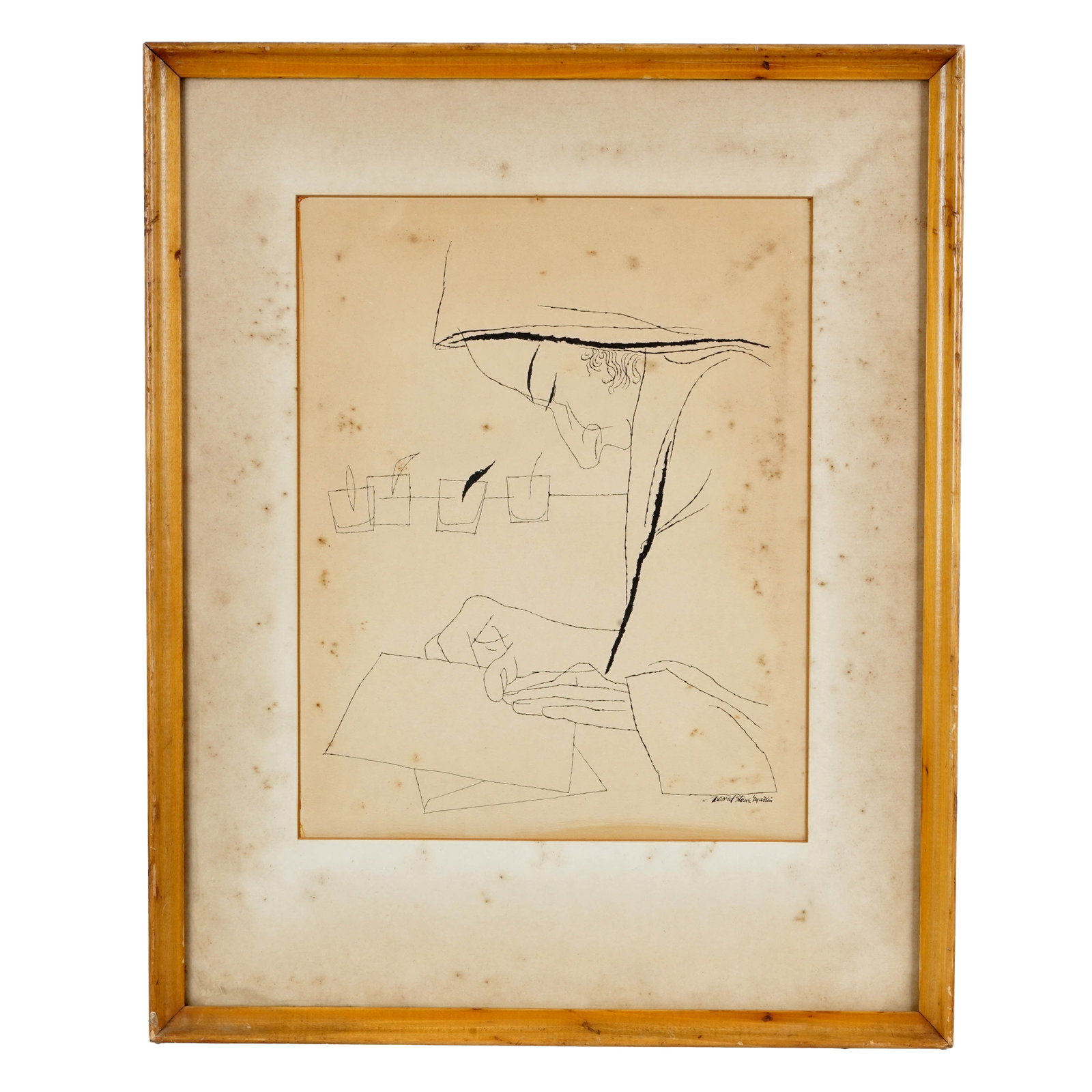 David Stone Martin, Framed Ink Drawing: David Stone Martin, ink on paper drawing depicting a seated figure in profile wearing a broad hat, shown writing or reading at a table, rendered with economical linear draftsmanship and bold black acc