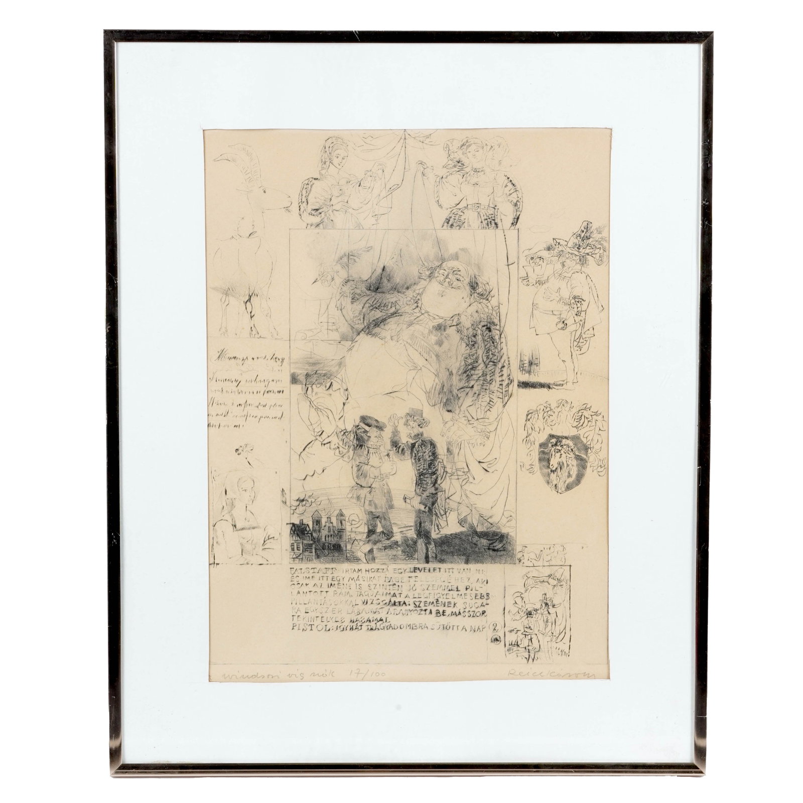 Reich Károly, Limited Edition Figural Etching: Reich Károly, Hungarian, 1922–1988, limited edition etching on paper with multiple vignette studies, including figures, animals, handwritten text, and a central reclining figure. Pencil signed lowe