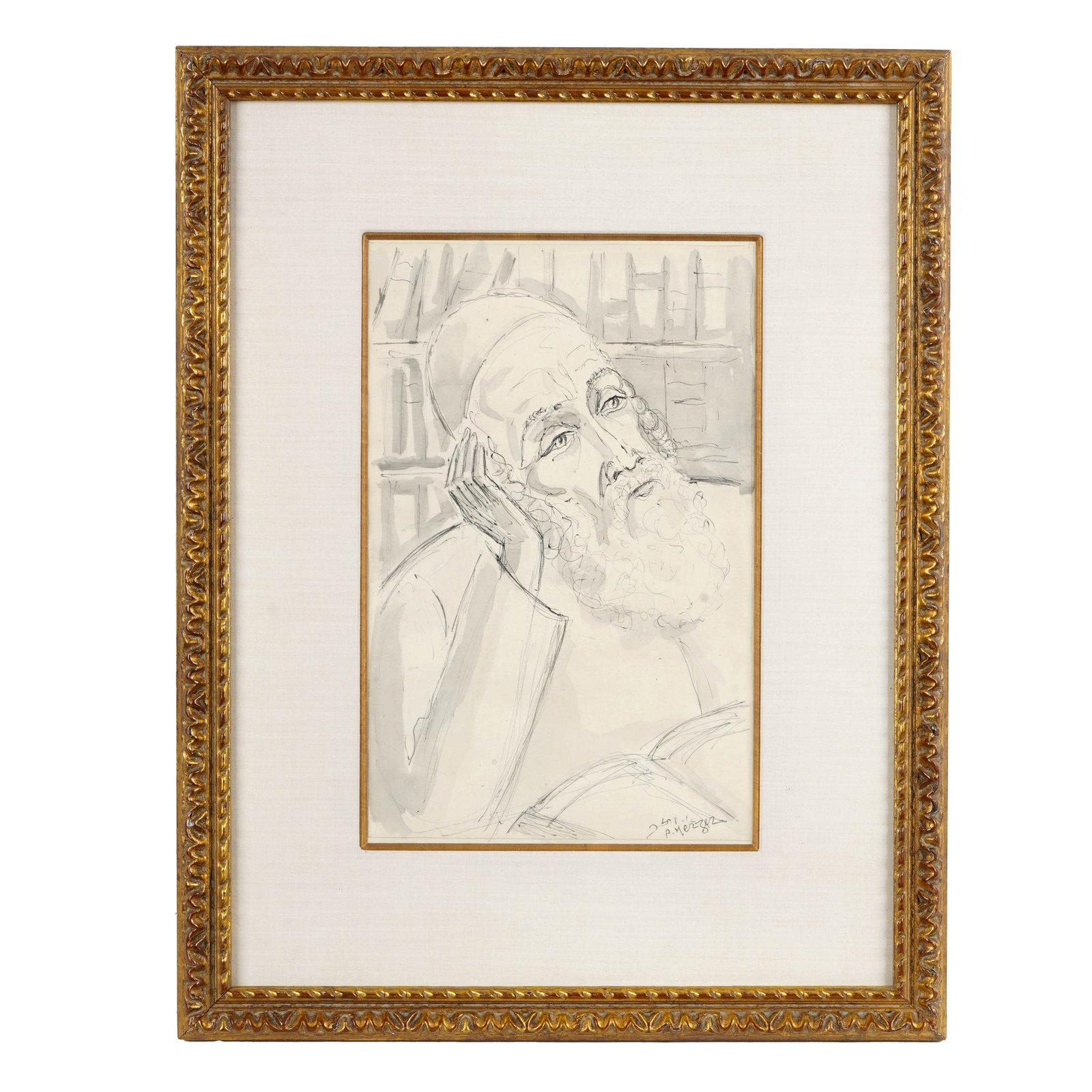 A. Merzer, Portrait of a Rabbi Reading: A. Merzer, pencil and wash on paper depicting a bearded rabbi seated before bookshelves, his head resting on one hand with an open book below. Signed lower right A. Merzer and dated 25.VI, matted and 