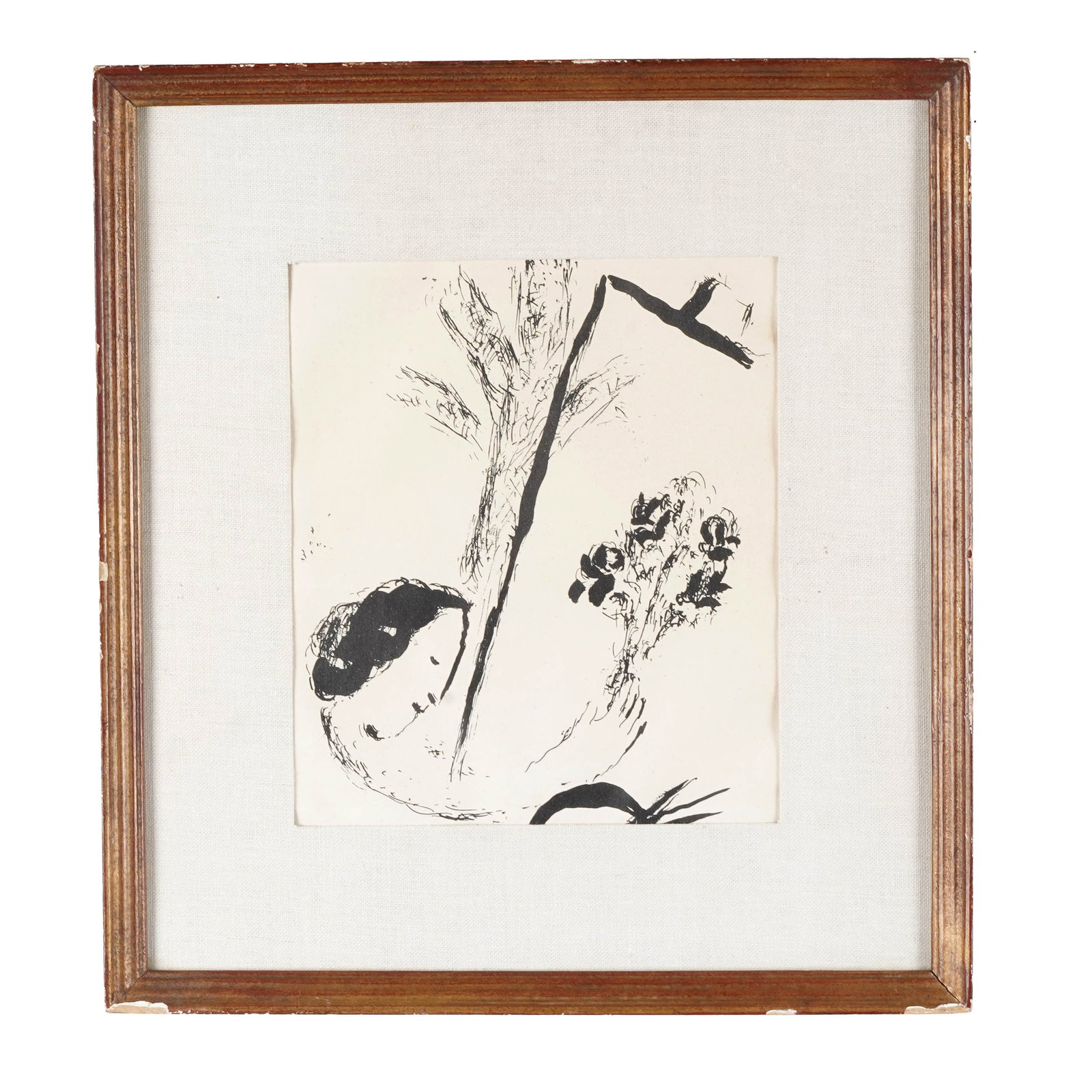 Marc Chagall, “Le Bouquet à la Main" Lithograph: Marc Chagall lithograph titled “Le Bouquet à la Main,” depicting a stylized female figure holding a bouquet, with bird and tree forms above, printed in black on paper. Matted and framed under