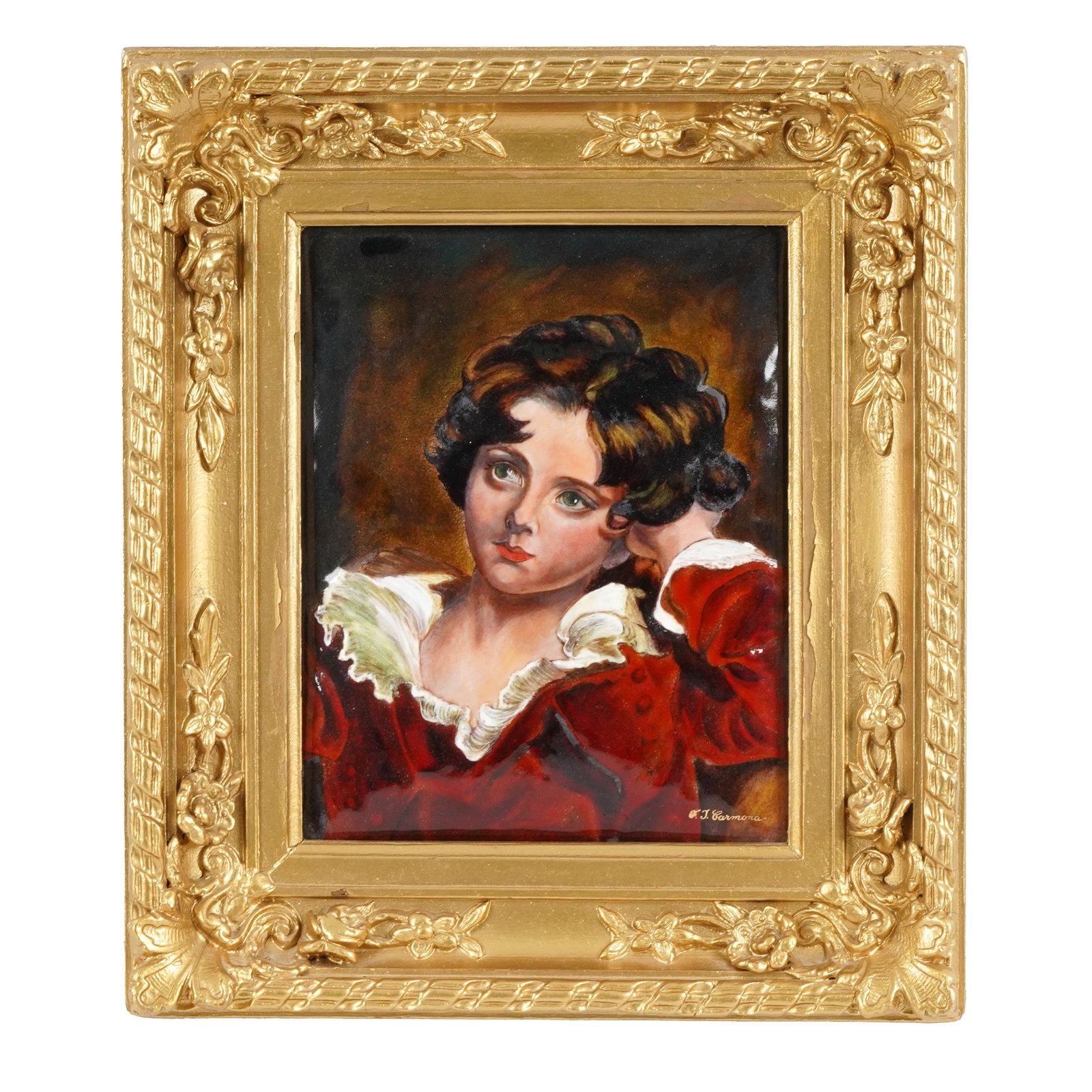 Framed Enamel on Copper Portrait Plaque: A framed enamel on copper portrait plaque depicting a young girl in a red dress with white ruffled collar, posed with dark curled hair and one arm raised behind her head. The portrait is painted in ri