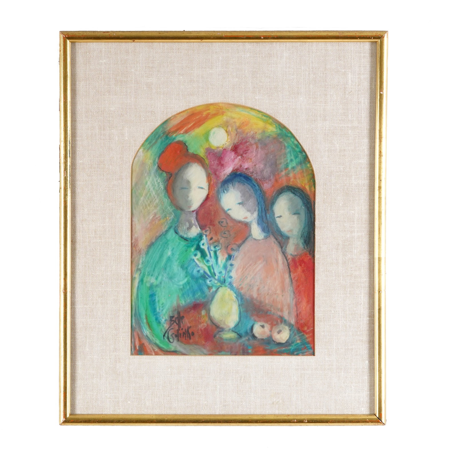 Belle Golinko, Modernist Figural Composition: Belle Golinko, mixed media or pastel on paper depicting three stylized female figures gathered around a vase of flowers and fruit, rendered in soft, colorful tones within an arched composition.