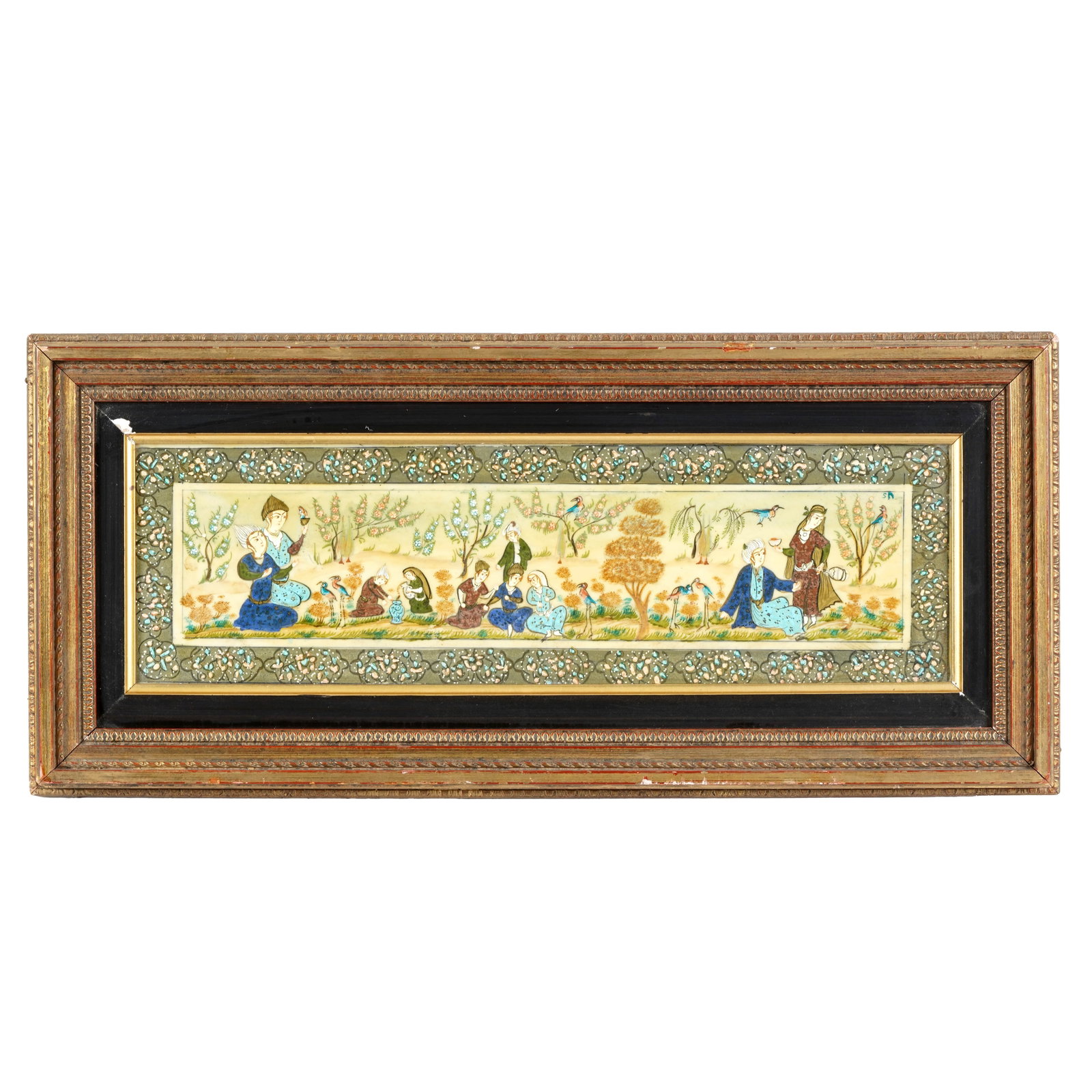 Persian Miniature Painted Panel: Persian miniature panel depicting courtly figures in a garden setting with birds, flowering trees, and seated attendants, framed by a decorative floral border with turquoise and gilt-style