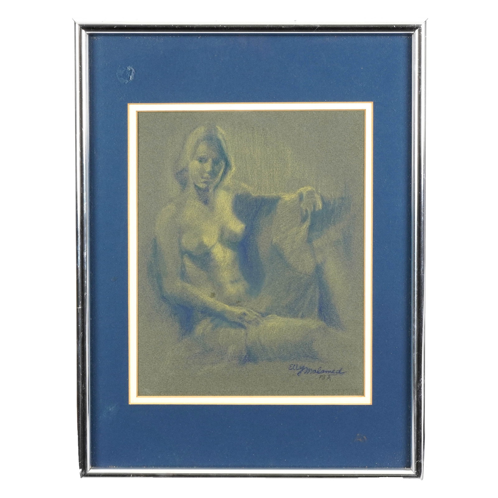 Signed Reclining Nude Pastel: Pastel or charcoal on paper depicting a seated reclining female nude, rendered in soft blue, green, and yellow tones on dark paper. Signed lower right, matted in blue and framed under glass.W: 12 1/2 