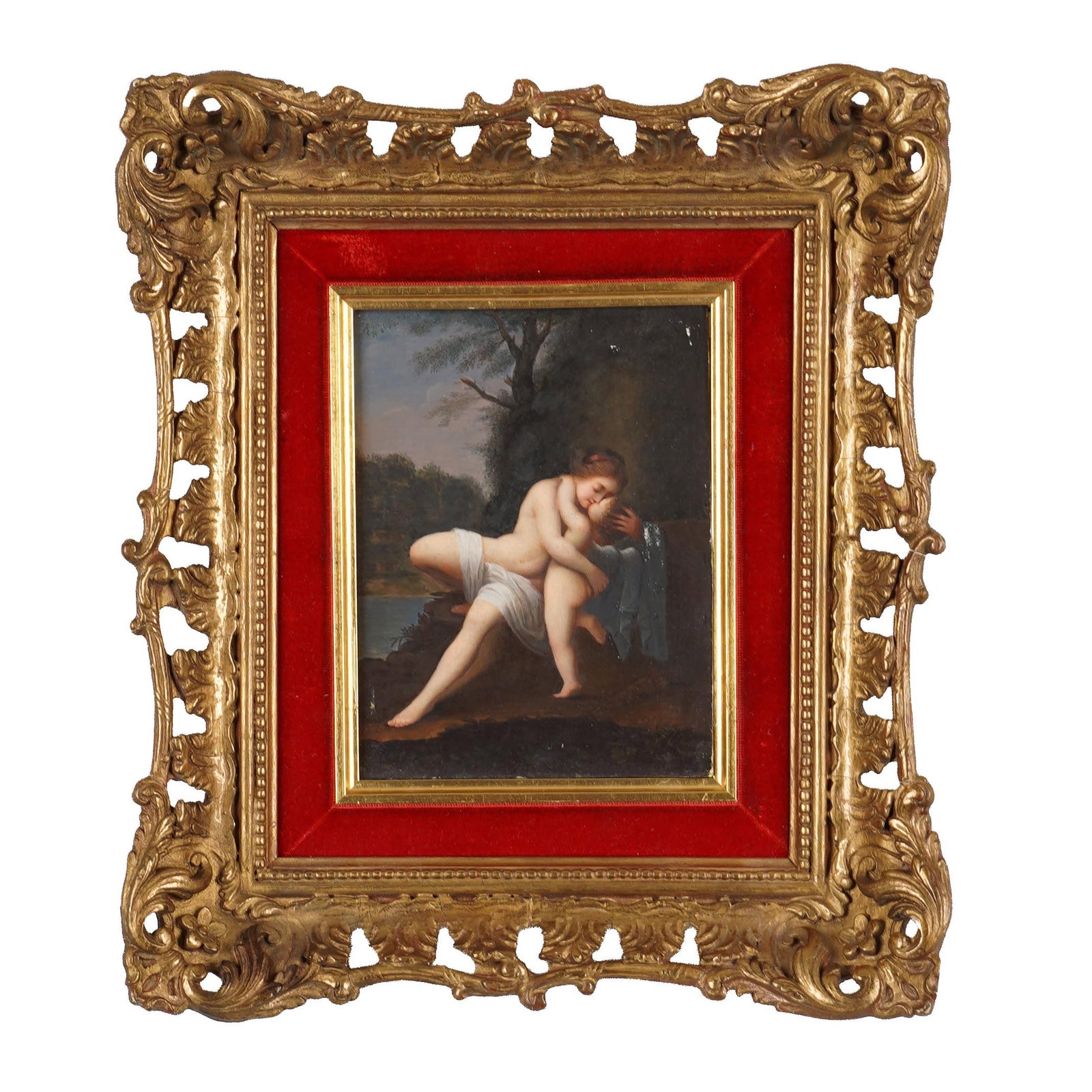 Framed European School Mother and Child Painting: A European School oil painting depicting a seated mother cradling or embracing a young child in a wooded landscape beside water. The figures are softly modeled in a sentimental 18th/19th century