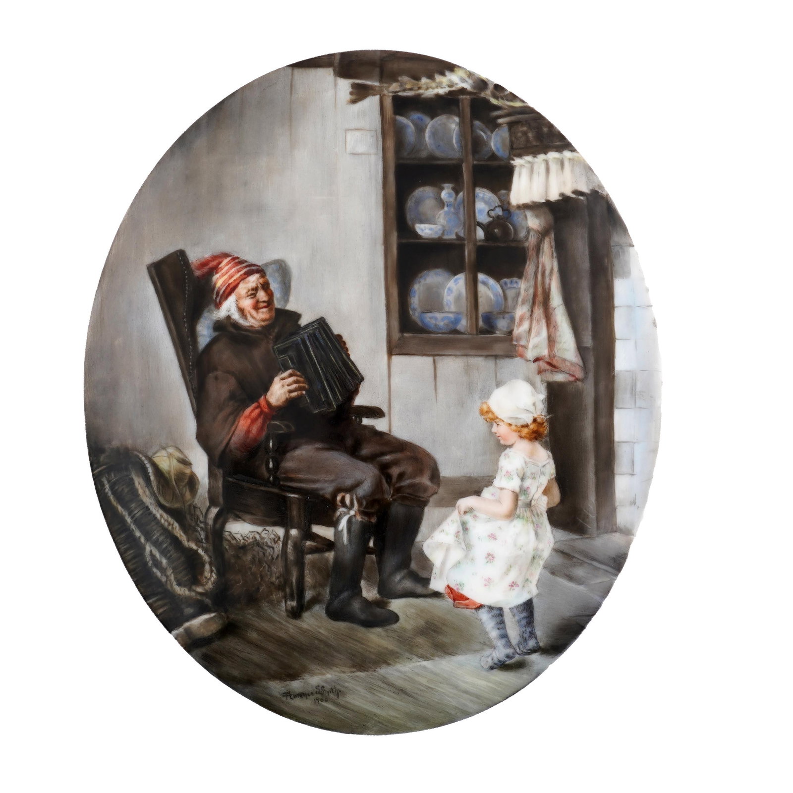 Hand-Painted Porcelain Plaque, Signed Florence Smith: A circular hand-painted porcelain plaque depicting an interior genre scene with an elderly man seated in a chair, holding a book or slate, beside a young child in a bonnet. Signed lower left