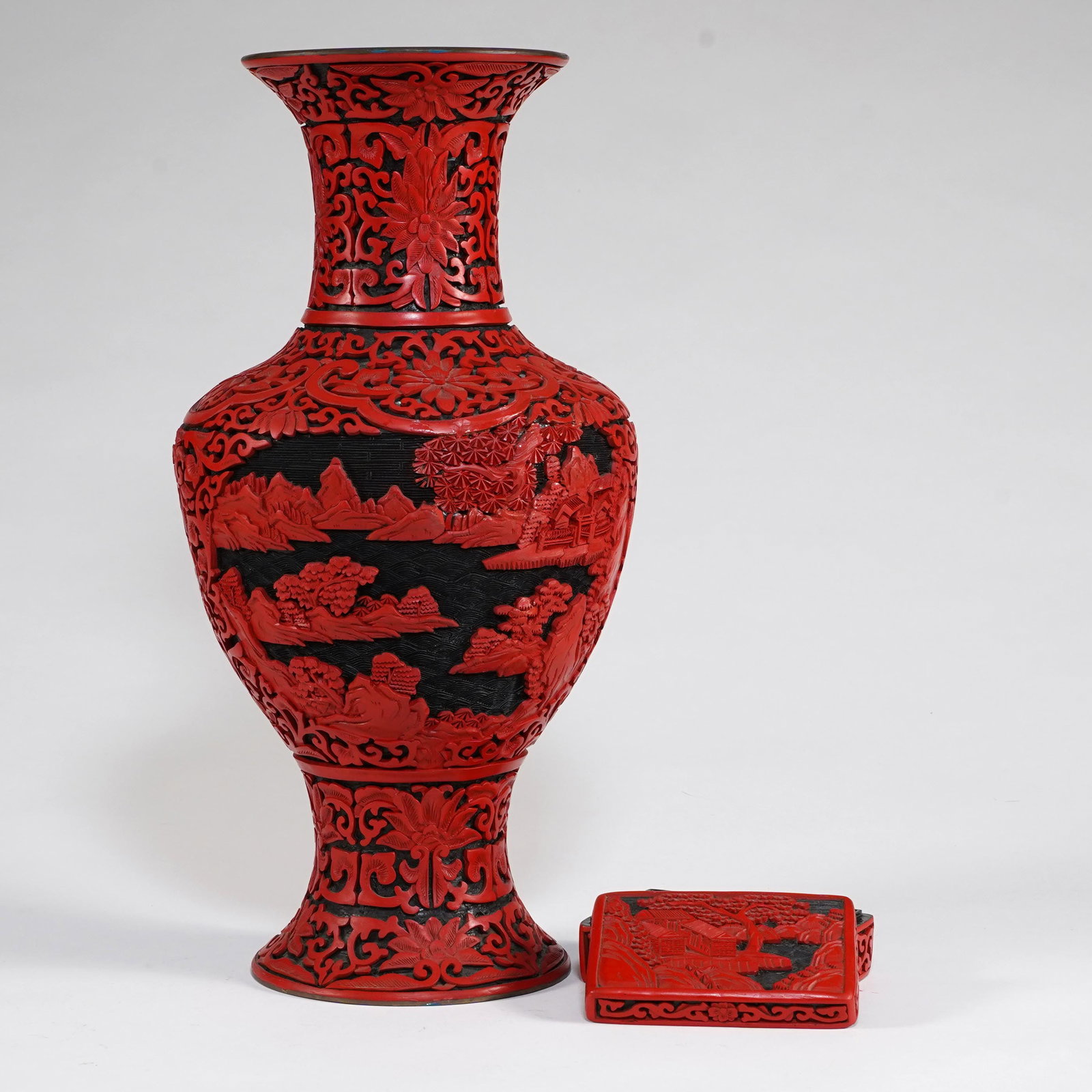 Chinese Cinnabar-Style Carved Lacquer Vase and Box (1 of 2)