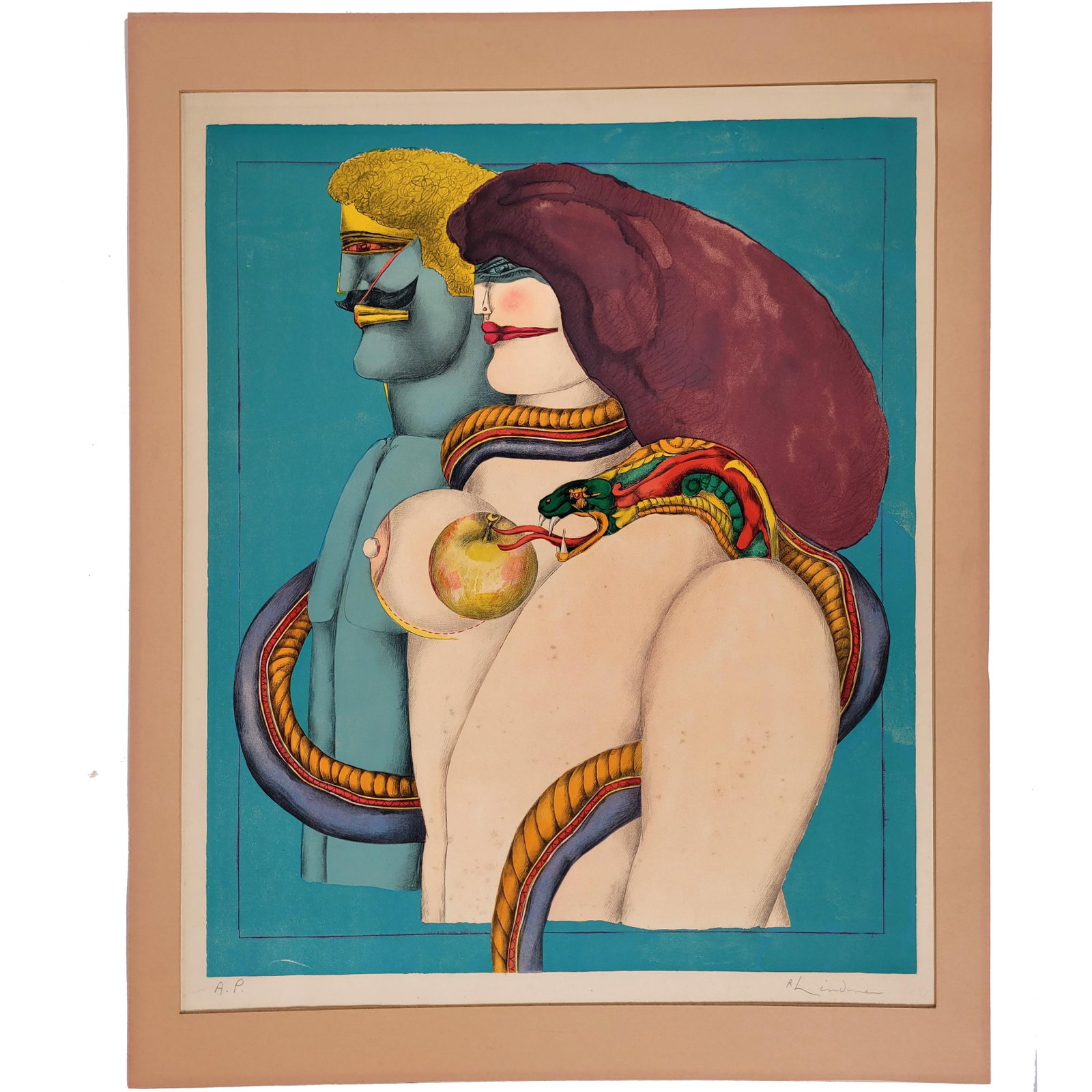 "How it All Began" by Richard Lindner Framed Lithograph: Artwork created around 1969-1970 by Richard Lindner from his After Noon portfolio. Depicts a stylistic representation of Adam and Eve in a "mechanistic cubism" style. The piece is characterized by bol