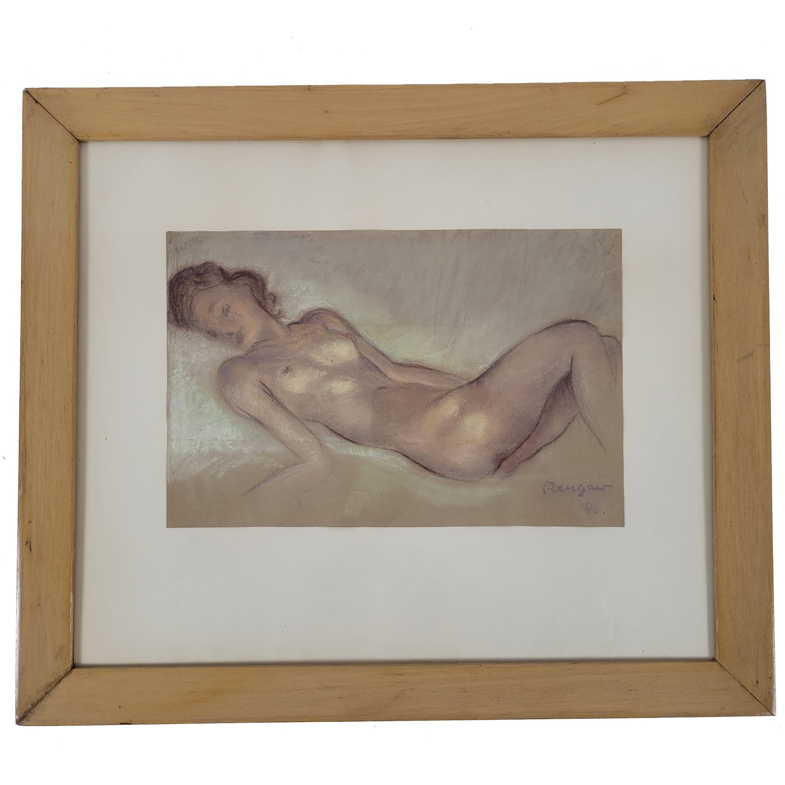 Framed Reclining Nude Pastel: Pastel on paper depicting a reclining female nude, rendered in soft tones with loose sketch-like handling. Signed lower right, indistinctly, and framed under glass in a giltwood frame with mat. Signed
