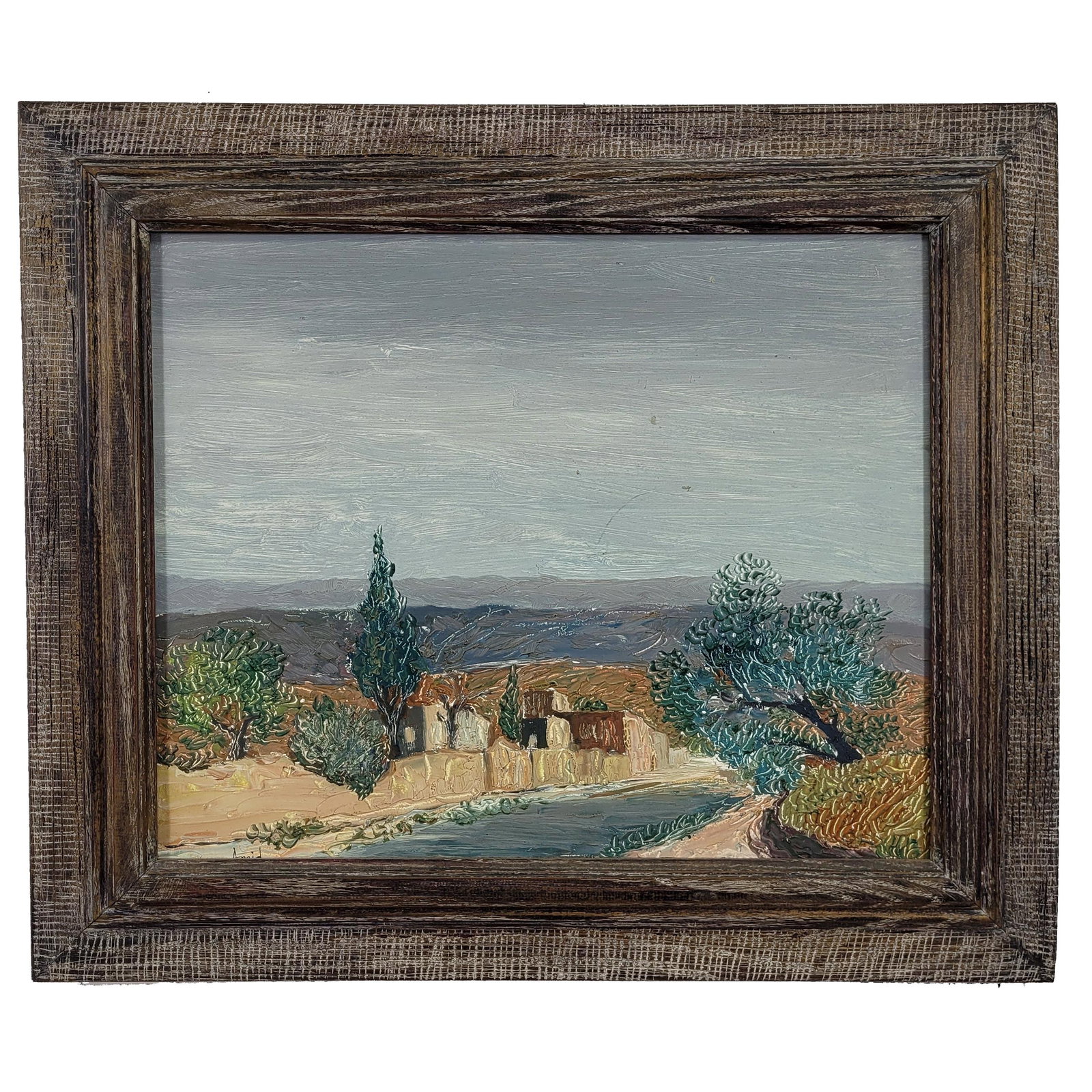 Signed Oil on Board Landscape: Oil on board landscape painting depicting a village or hillside settlement with cypress and olive trees, distant mountains, and a pale expansive sky. Painted in a textured impasto manner with muted Me