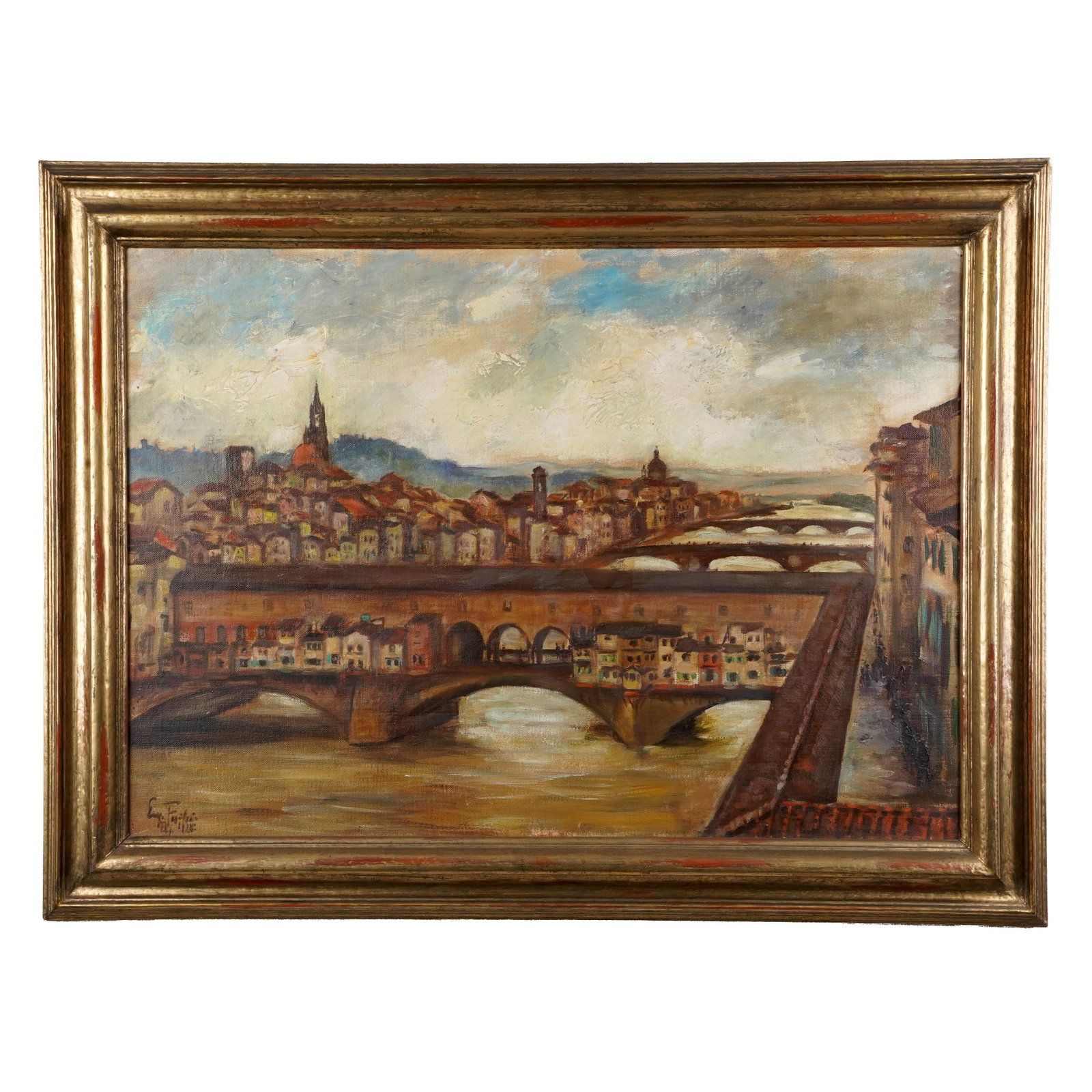 Signed Florence / Ponte Vecchio Cityscape Painting: Signed oil on canvas depicting a view of Florence, Italy, with the Ponte Vecchio spanning the Arno River, additional bridges beyond, and the city skyline under a cloudy sky. Signed lower left, present