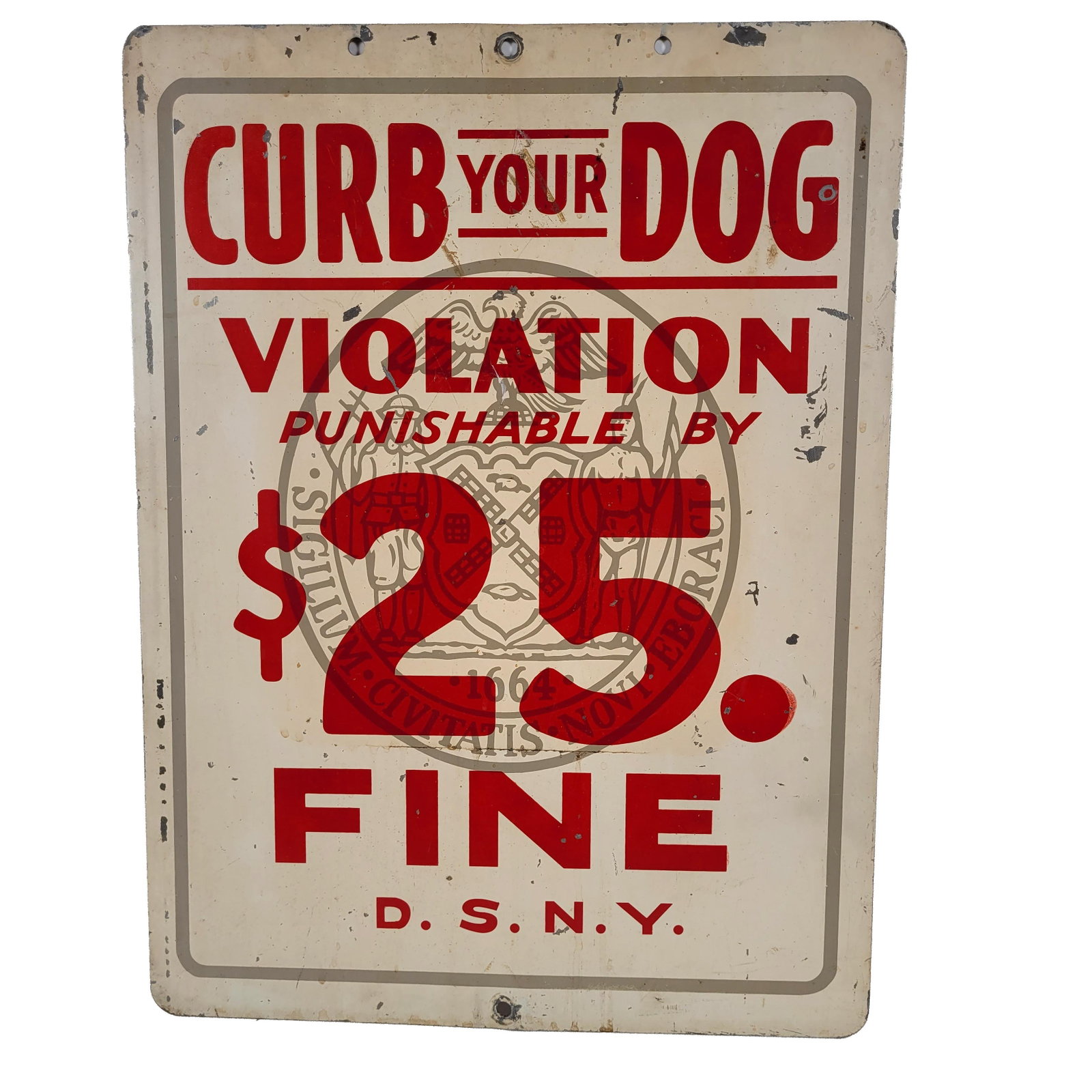 Curb Your Dog Metal Plaque: Vintage New York City Department of Sanitation metal sign regarding pet regulations. Widely installed from 1930s until 1978 to encourage dog owners to have their pets use the gutter instead of the