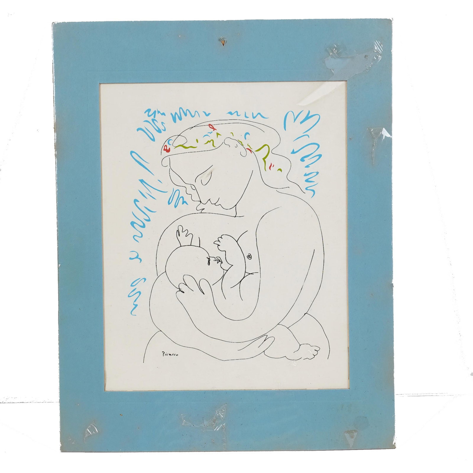 Pablo Picasso, Mother and Child Print: Pablo Picasso, framed color print (silk screen) of mother and child, bearing printed Picasso signature lower left, wrapped in cellophane. 14" L x 11" W Property from the estate of Karin Fiedler. New