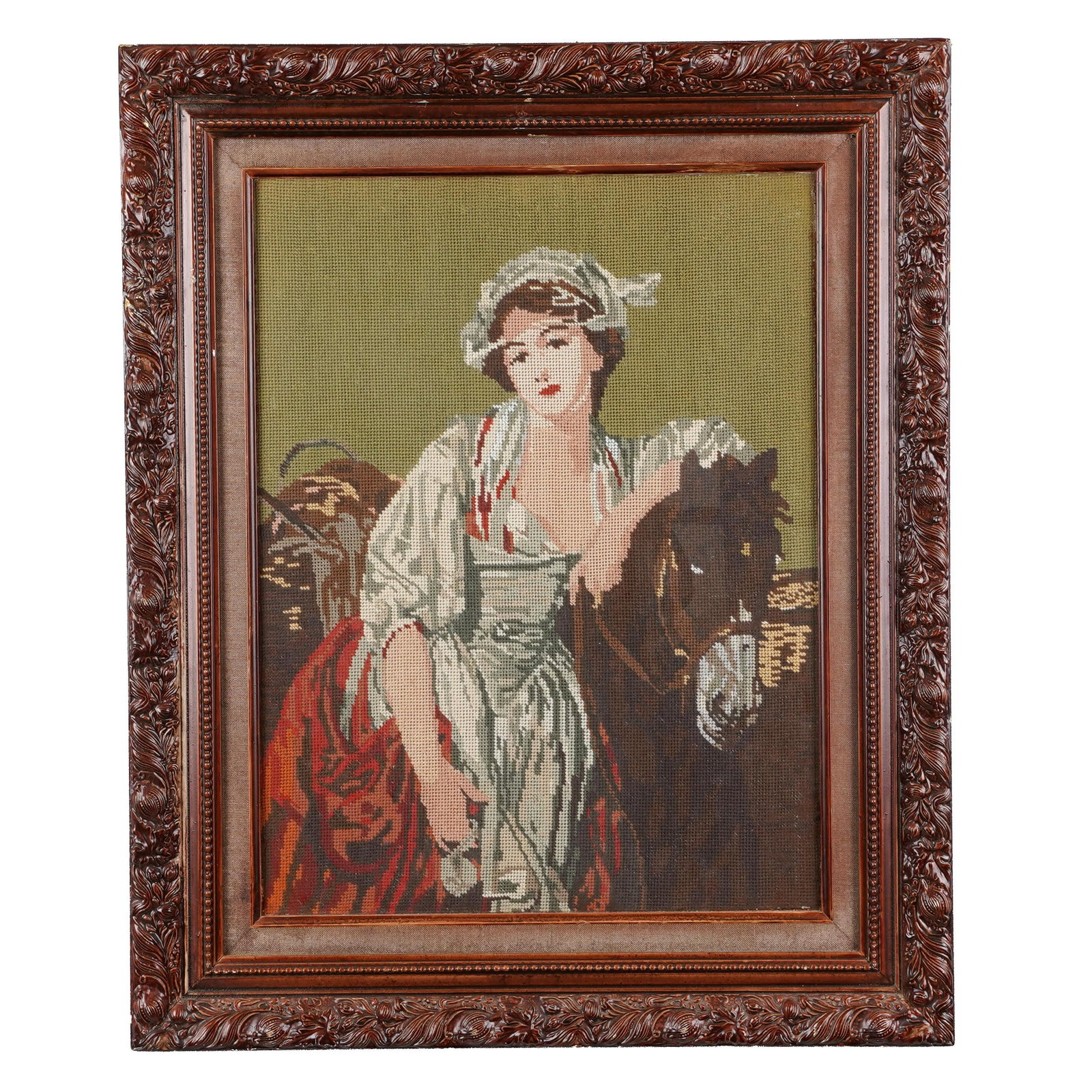 Framed Figural Needlepoint Portrait with Horse (1 of 2)