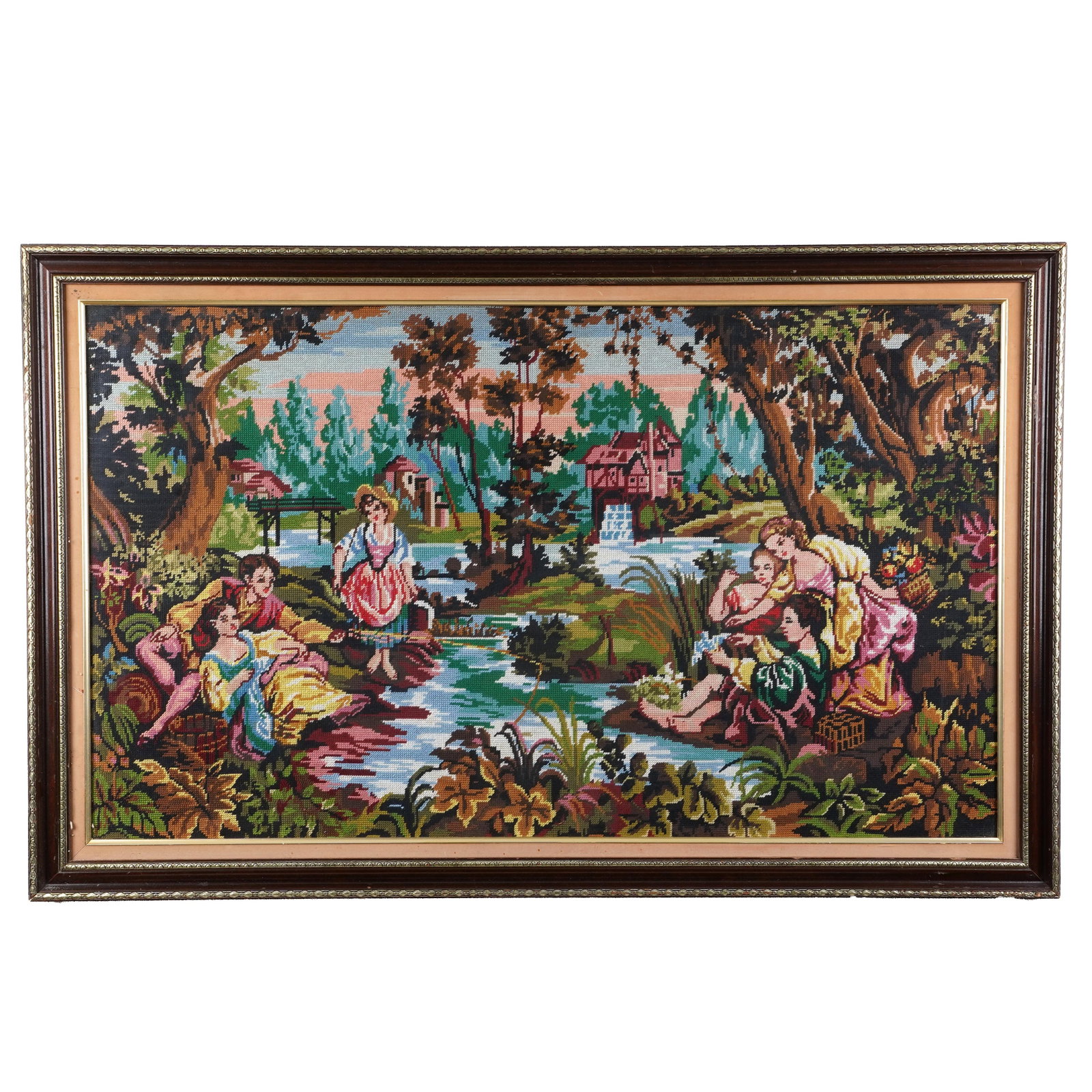 Framed Panoramic Needlepoint Figural Landscape: Framed panoramic needlepoint panel, depicting an 18th-century-style pastoral garden and riverside scene with reclining figures, bridge, trees, and distant house, worked in colors on canvas, in dark