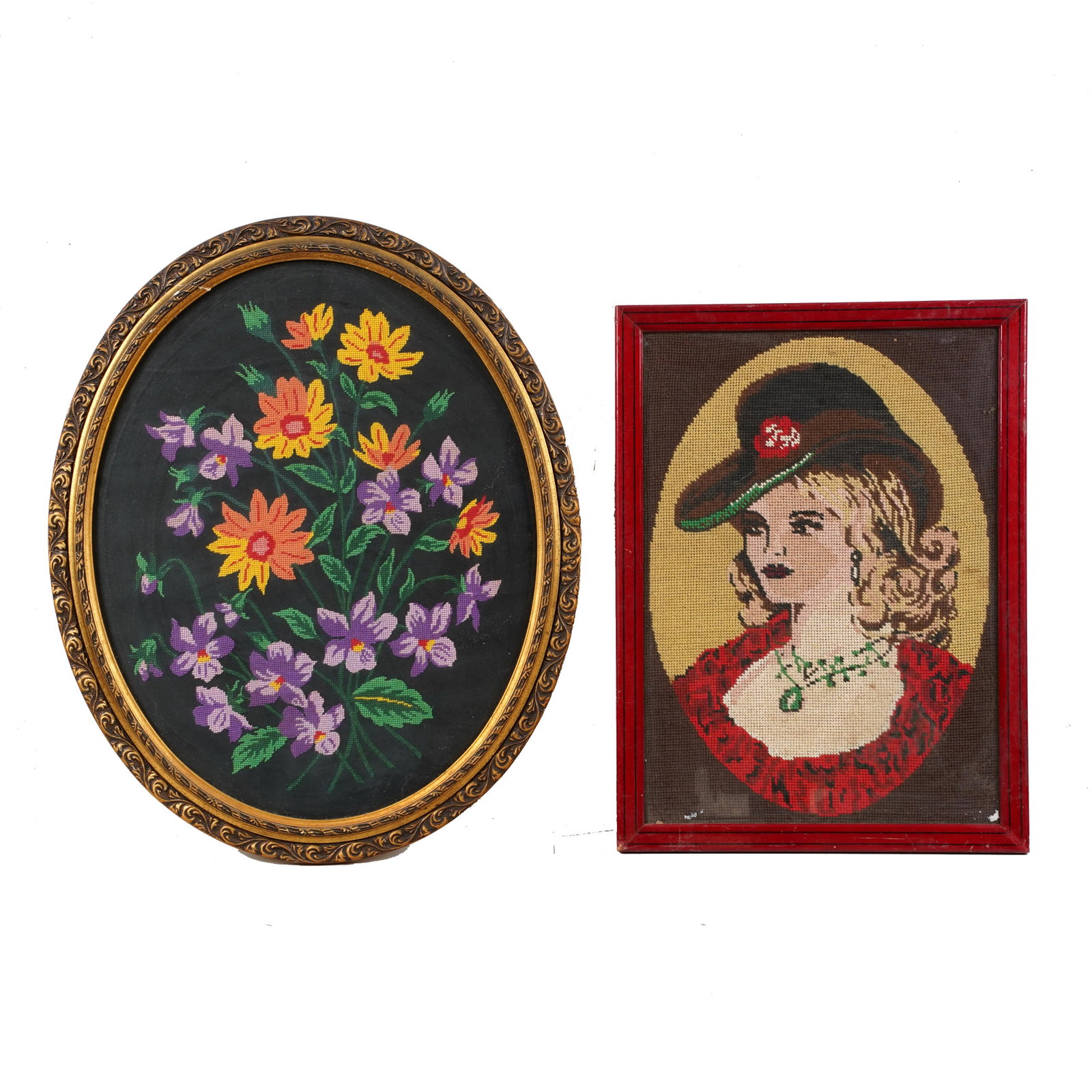 Two Framed Needlepoint Panels: Two framed needlepoint panels, comprising an oval floral bouquet on dark ground in gilt frame and a square portrait of a lady in hat in red-painted frame, worked in colors on canvas. Size for oval: