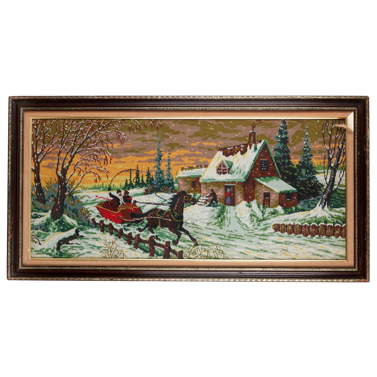 Framed Winter Needlepoint / Tapestry Panel: Framed needlepoint/tapestry winter landscape, depicting horse-drawn sleigh and snow-covered cottage at sunset. H:24 7/8 x L: 48 3/8 x W:1 3/8 in. Property from the estate of Karin Fiedler. New York,