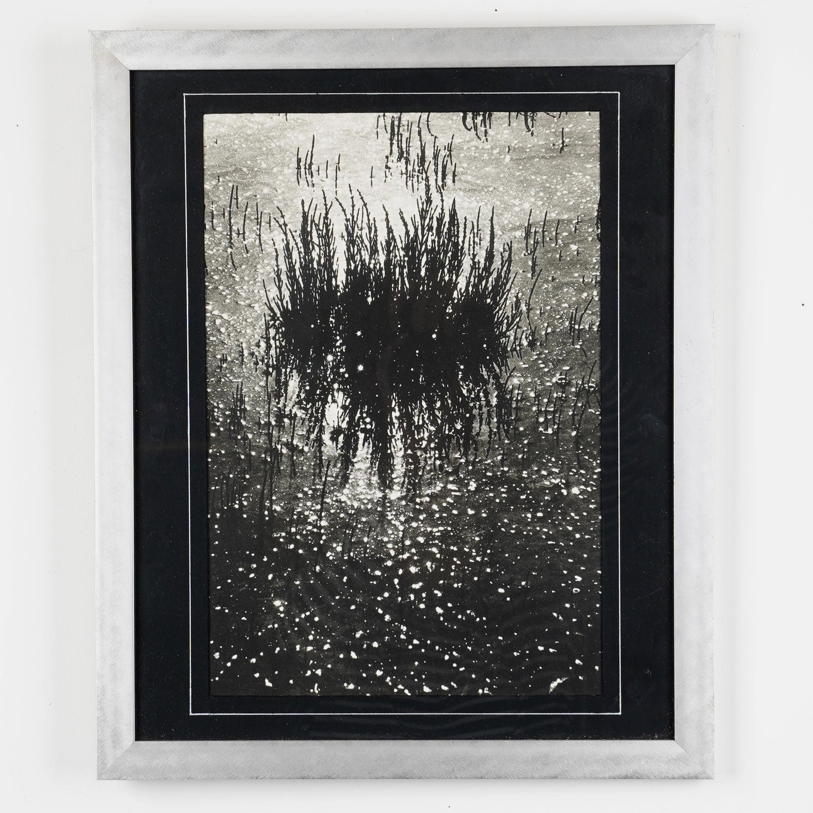 Framed Black and White Photographic Print: Framed black and white photographic print of reeds reflected in water, matted and framed. L: 14 1/4 x H: 17 1/2 x W: 3/4 in. Property from the estate of Karin Fiedler. New York, NY.